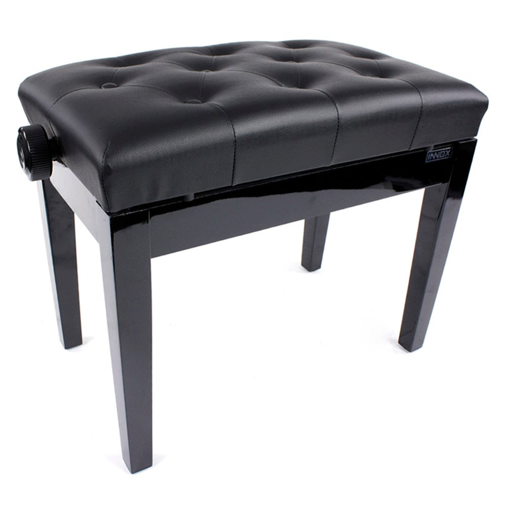 A black, padded piano bench with a knob adjustment on the left side.