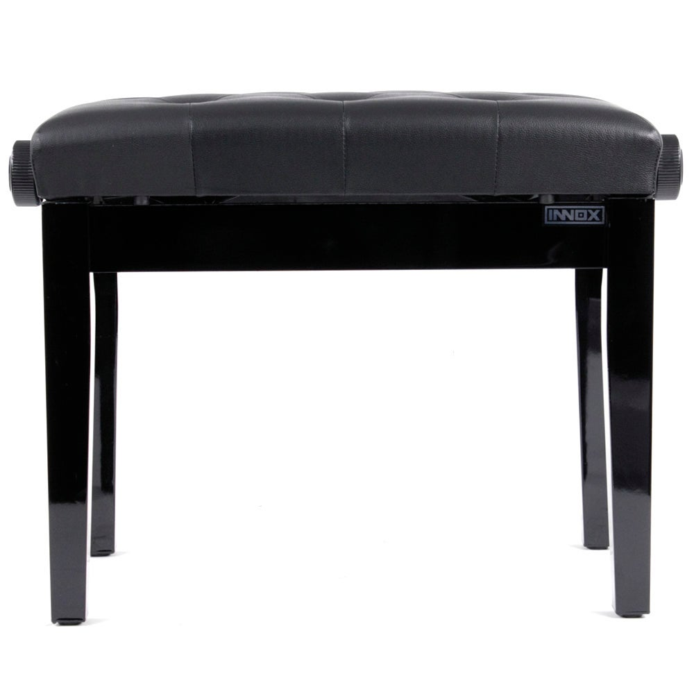 Black, upholstered piano bench with adjustable knobs and the INNOX logo.