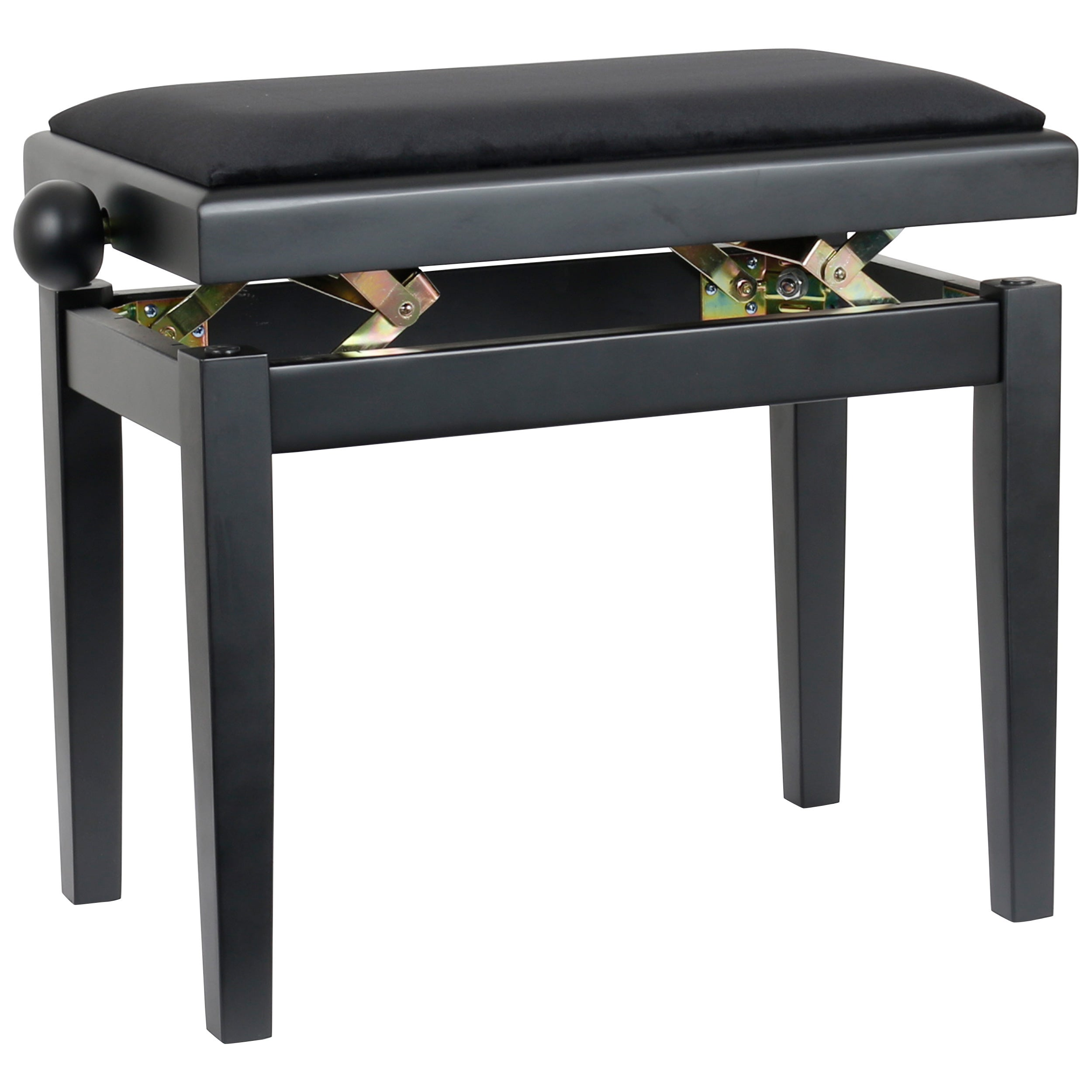 A black piano bench with a padded seat and adjustable height mechanism.
