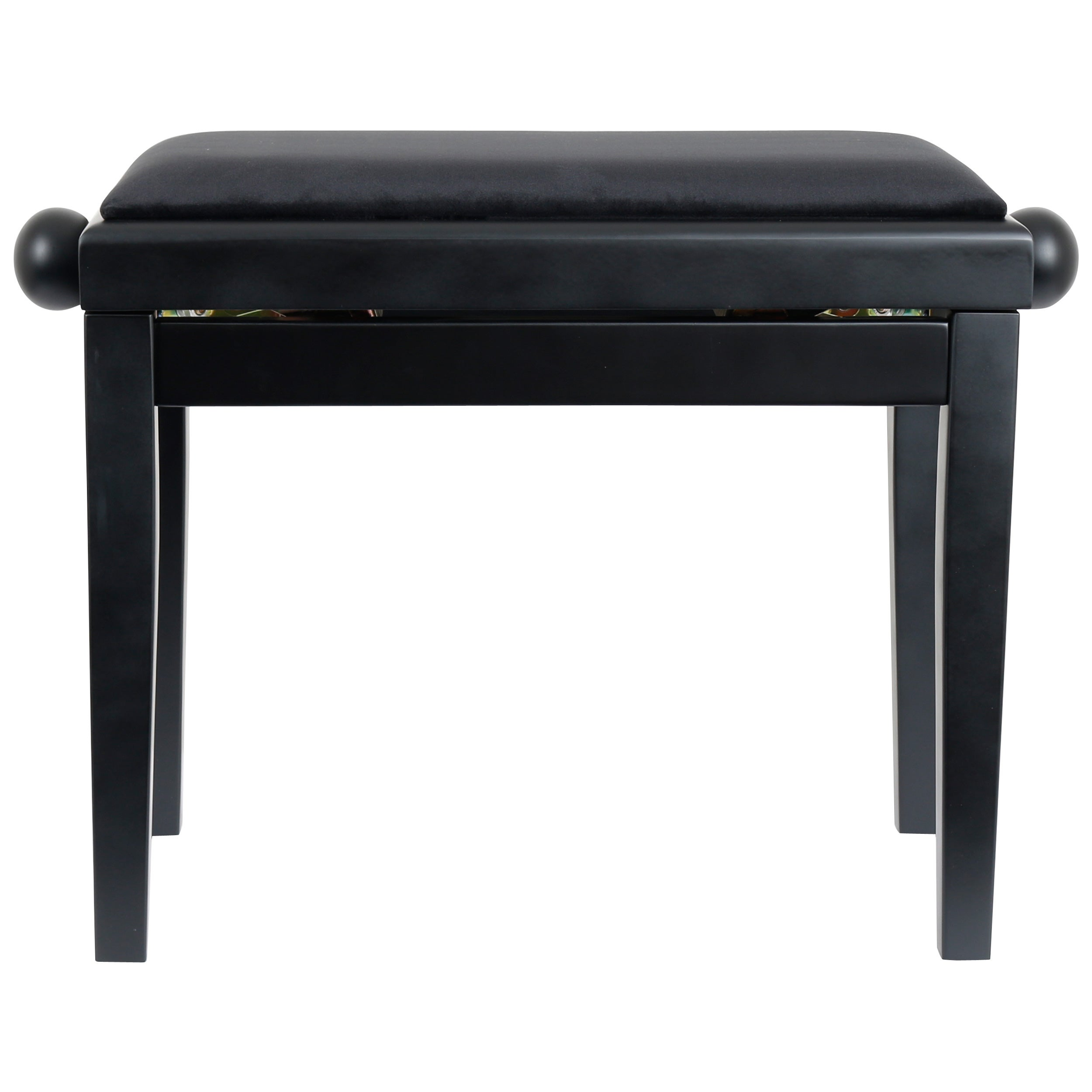 A black piano bench with a padded seat and four legs.