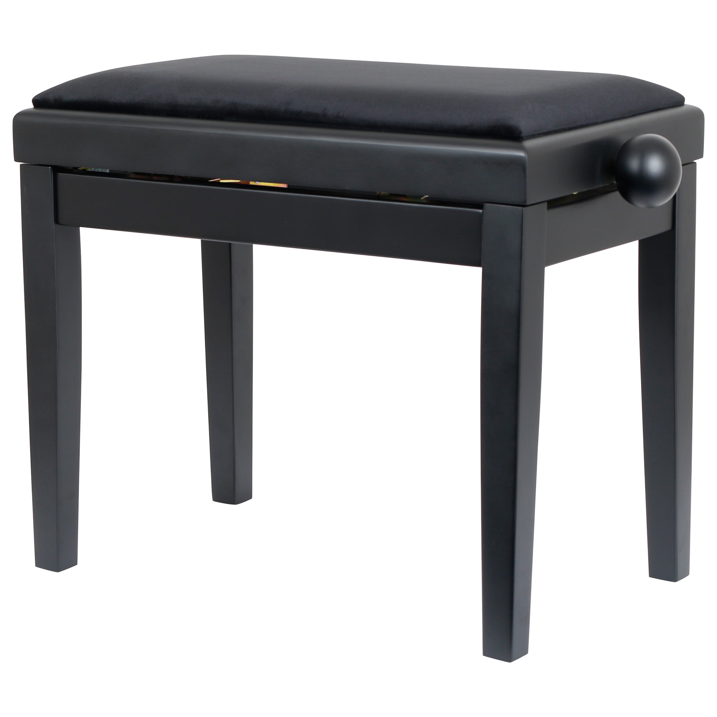 A black piano bench with a padded seat and an adjustable knob on the side.