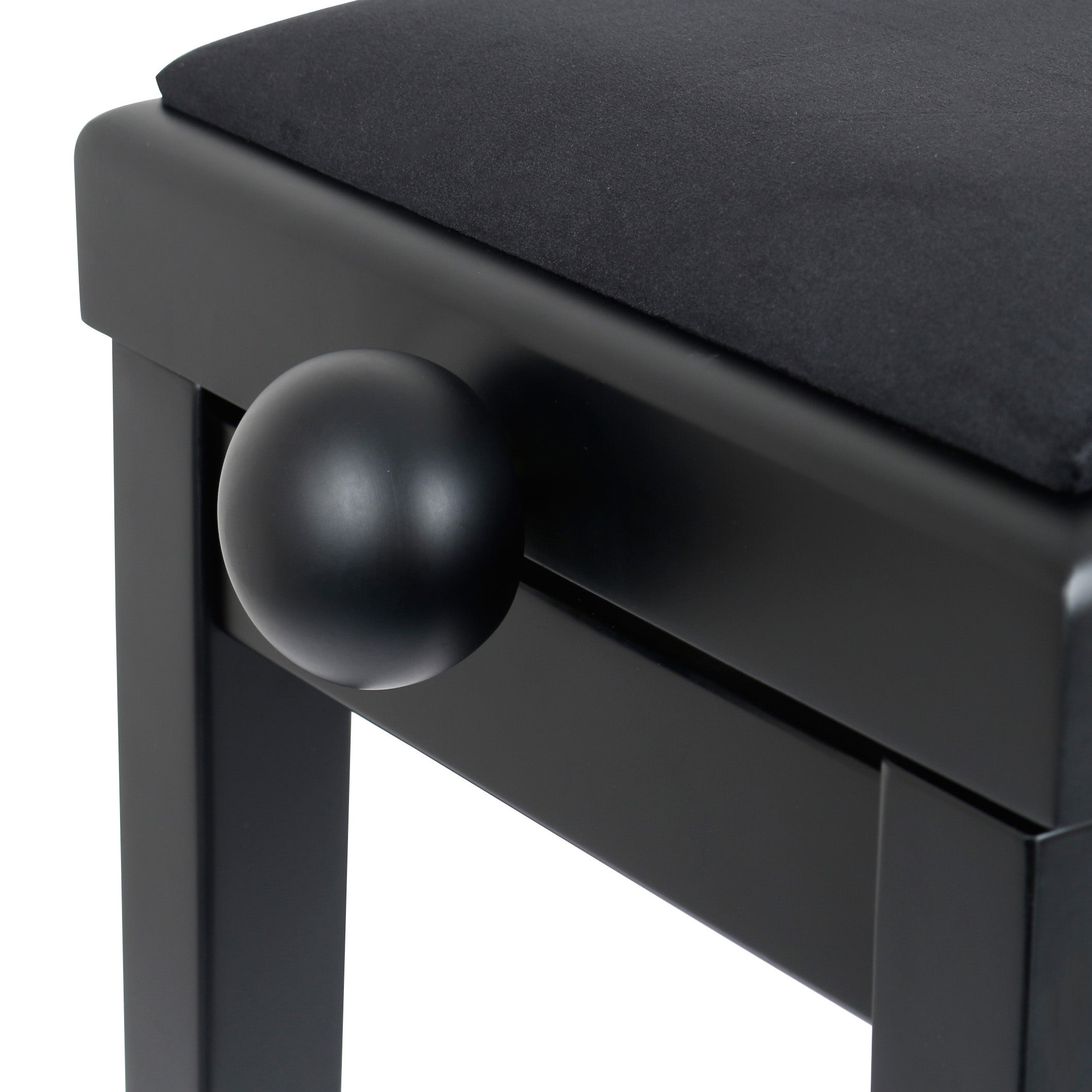 Black piano bench with upholstered seat and a spherical decorative detail.