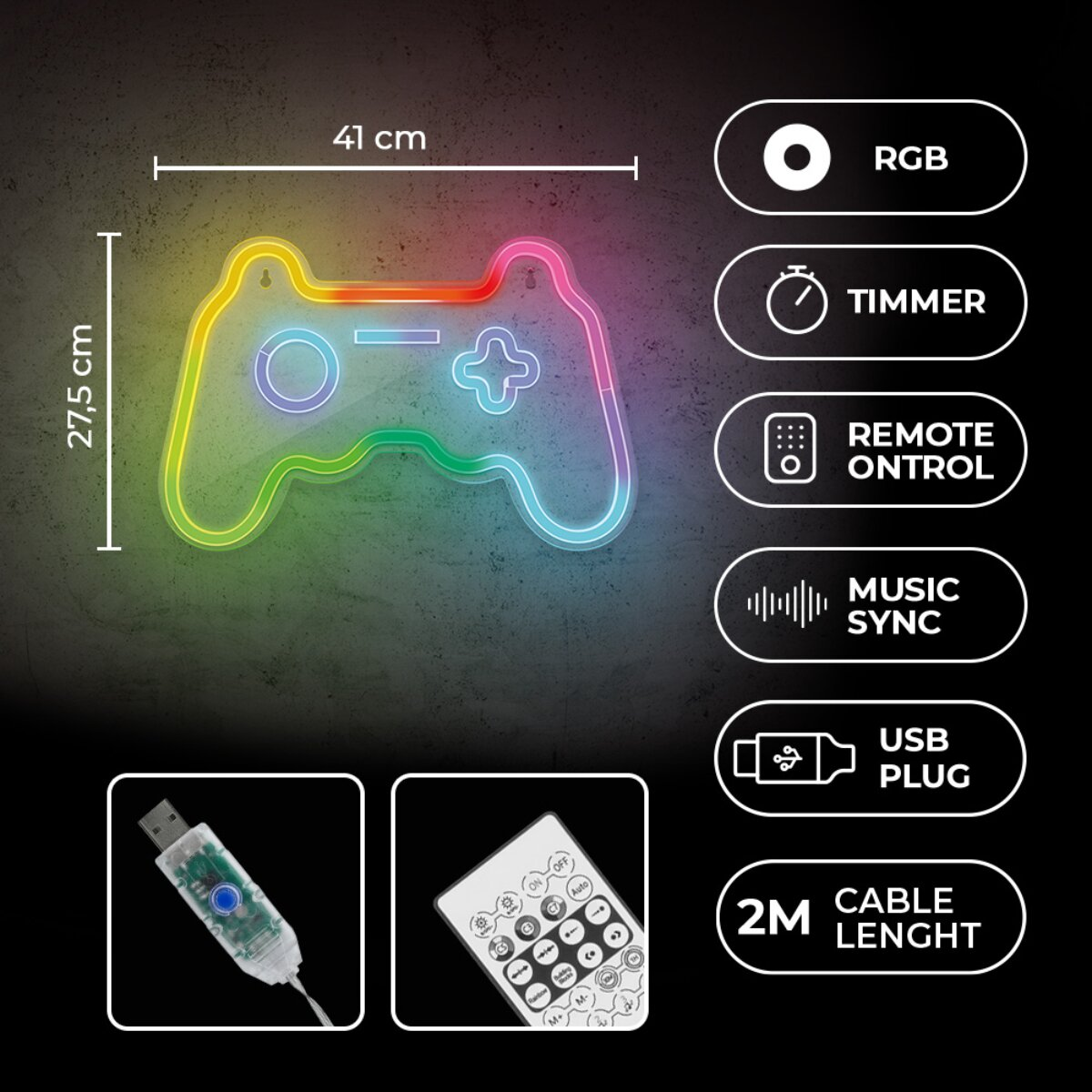 Lámpara de neón de controlador, 41x27,5cm, RGB, temporizador, control remoto, sincronización musical, USB