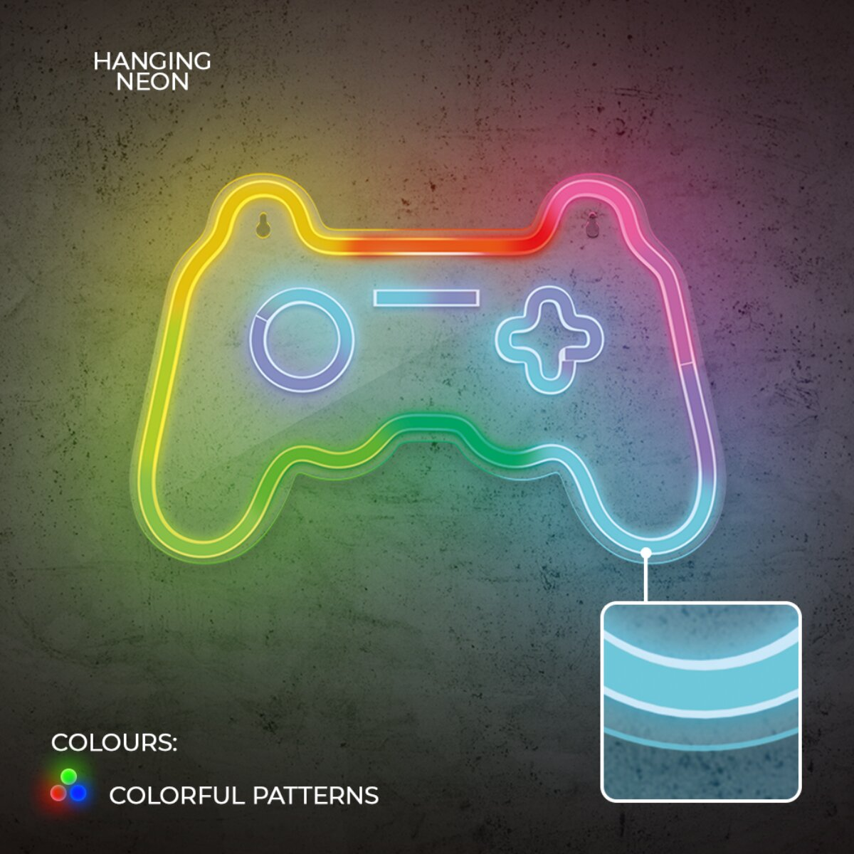 Un letrero de neón colorido con forma de mando de videojuegos cuelga de una pared texturizada.