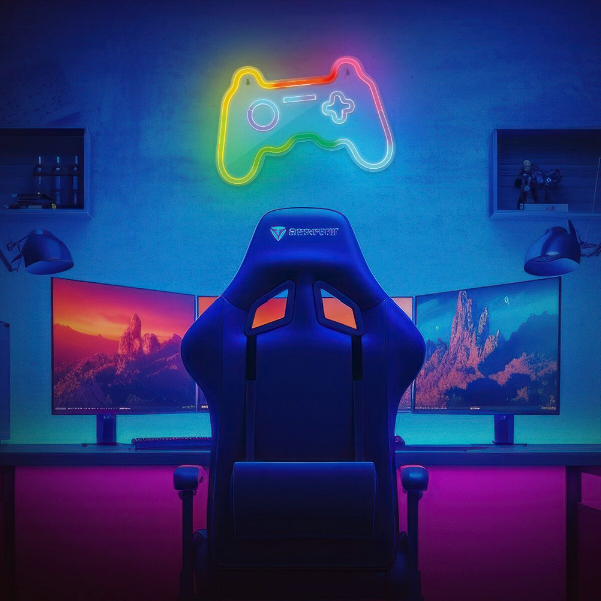 Un sillón gamer frente a tres monitores con paisajes de montaña, iluminado por un neón de mando.