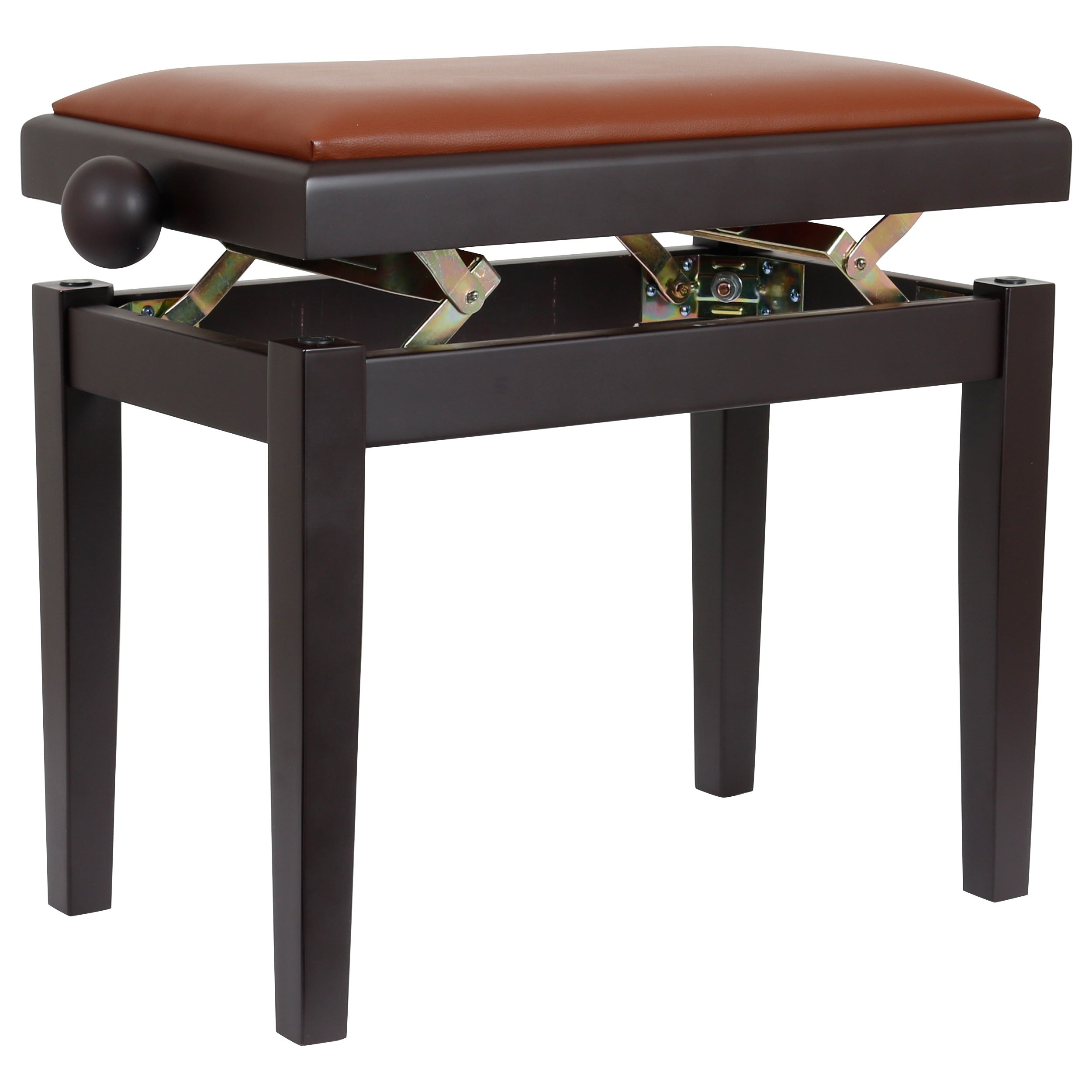 A brown adjustable piano bench with dark wood legs and visible mechanics.