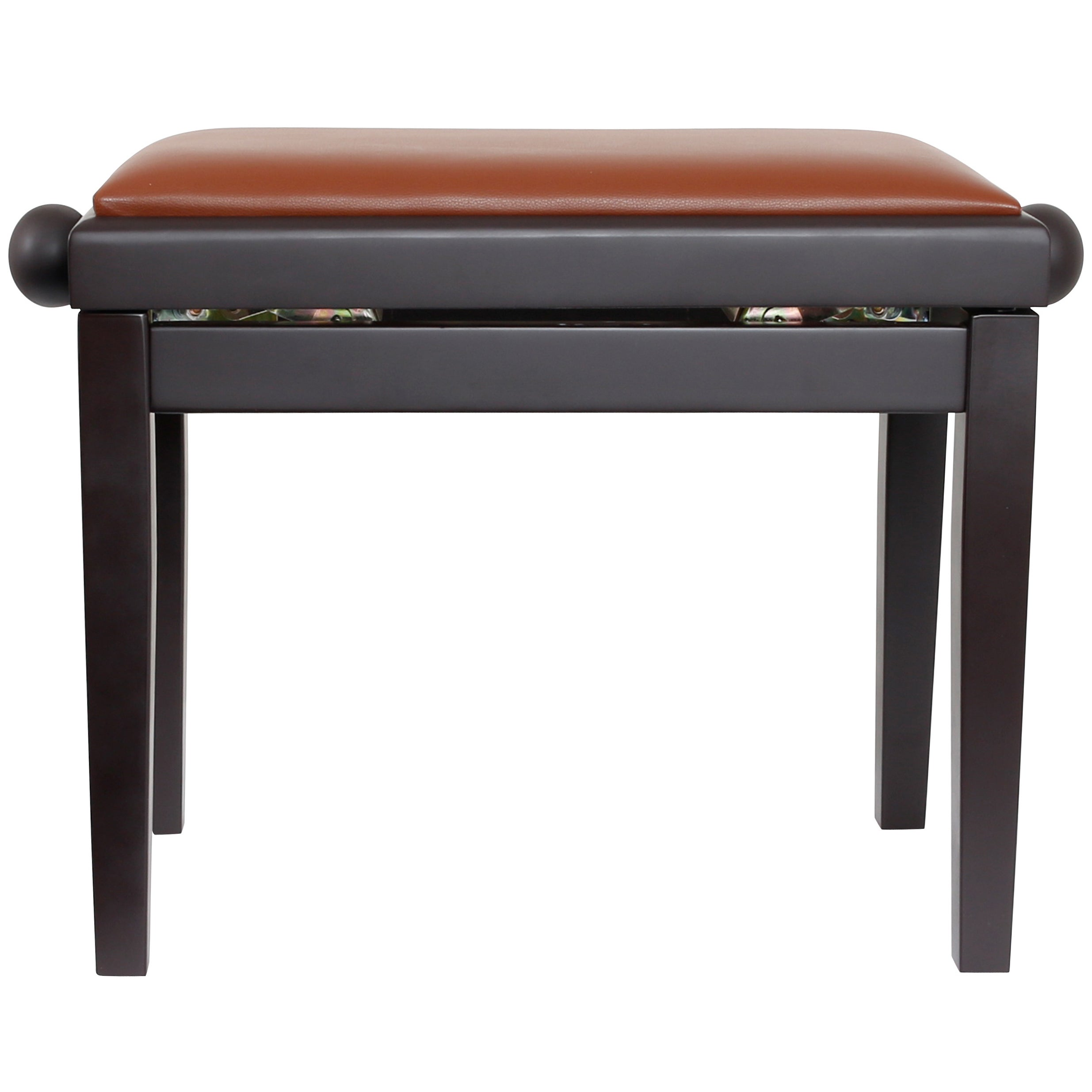 A dark brown stool with a brown leather seat and four legs.