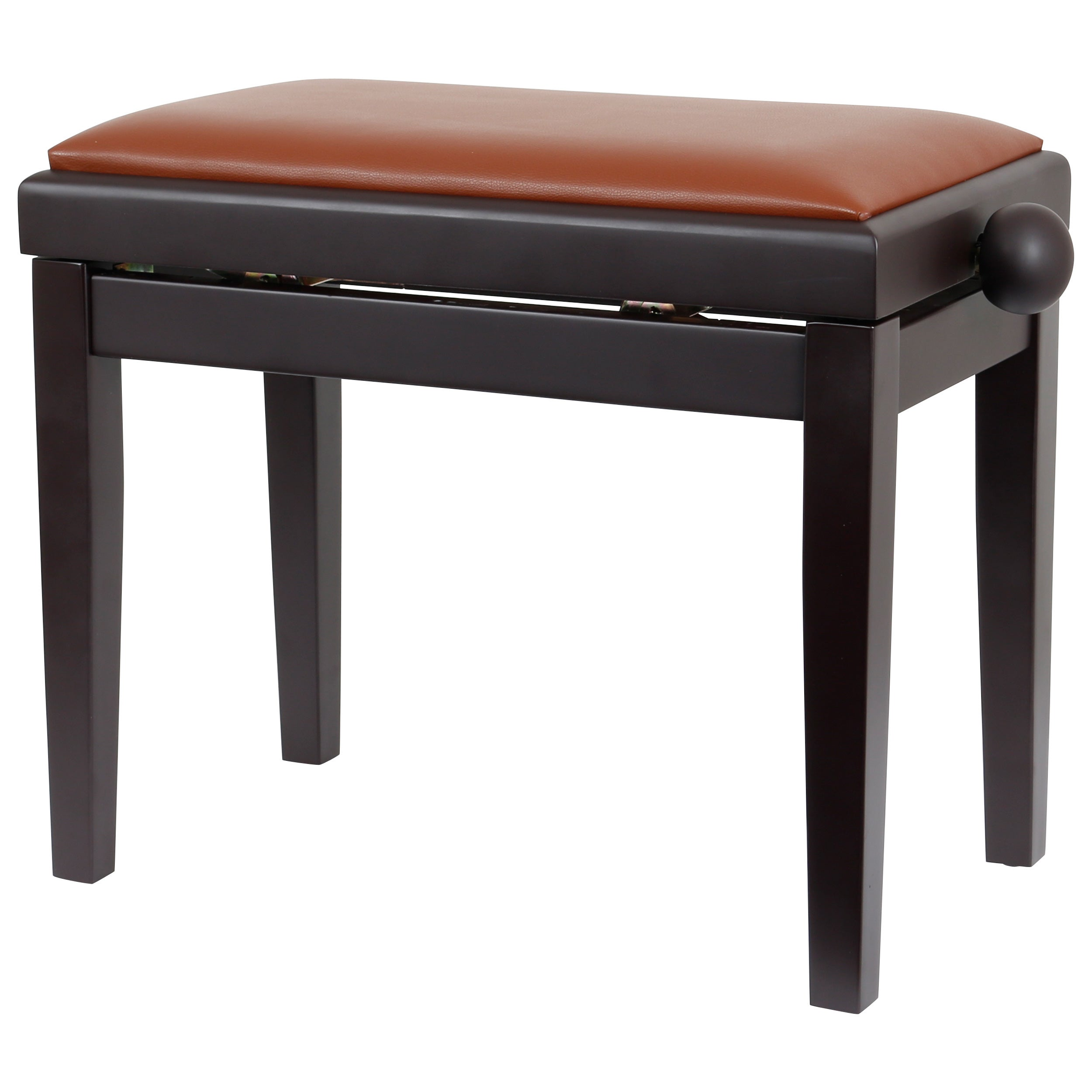 A brown padded piano bench with dark wood legs and a round knob.