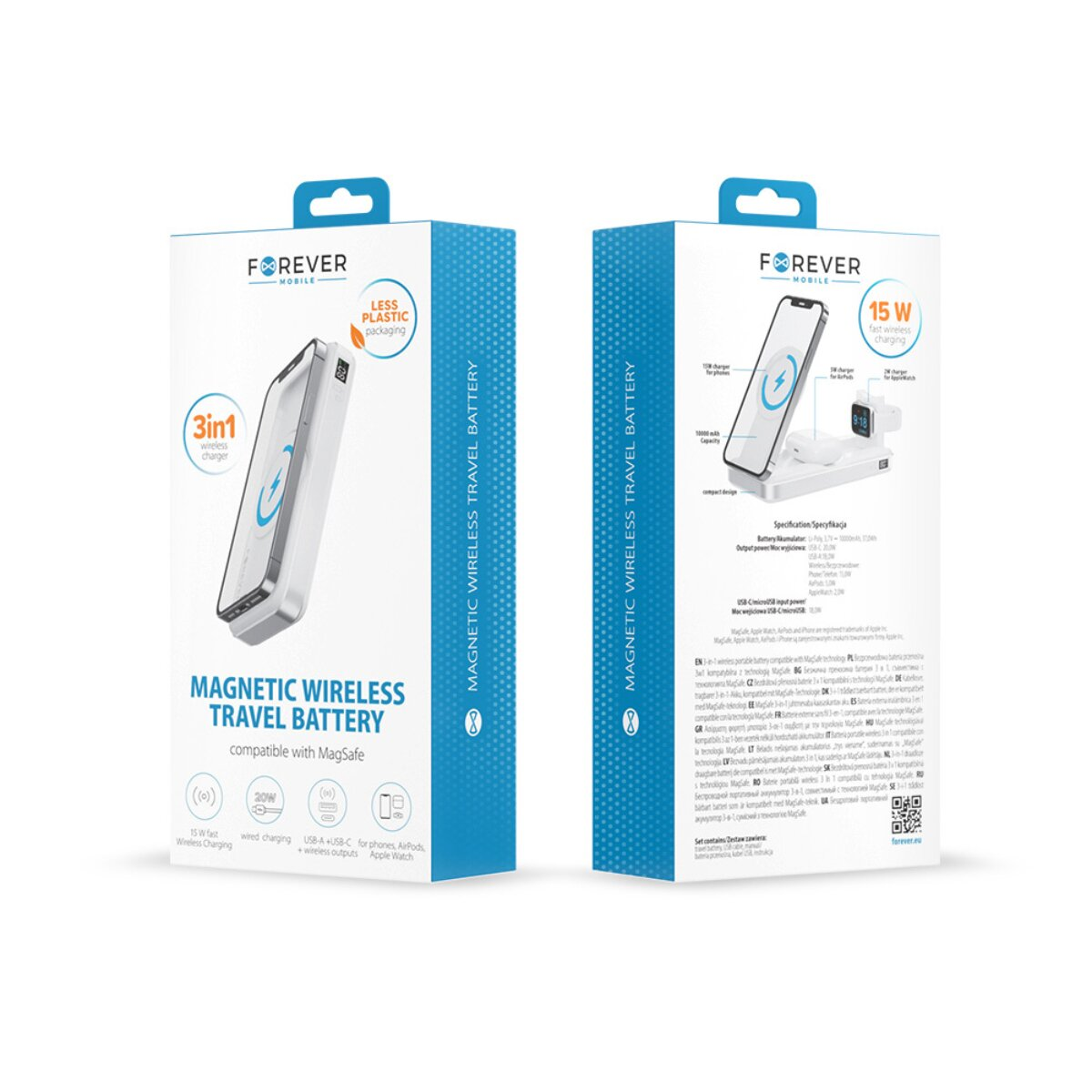Due scatole di imballaggio per un caricabatterie wireless 3 in 1 e power bank.