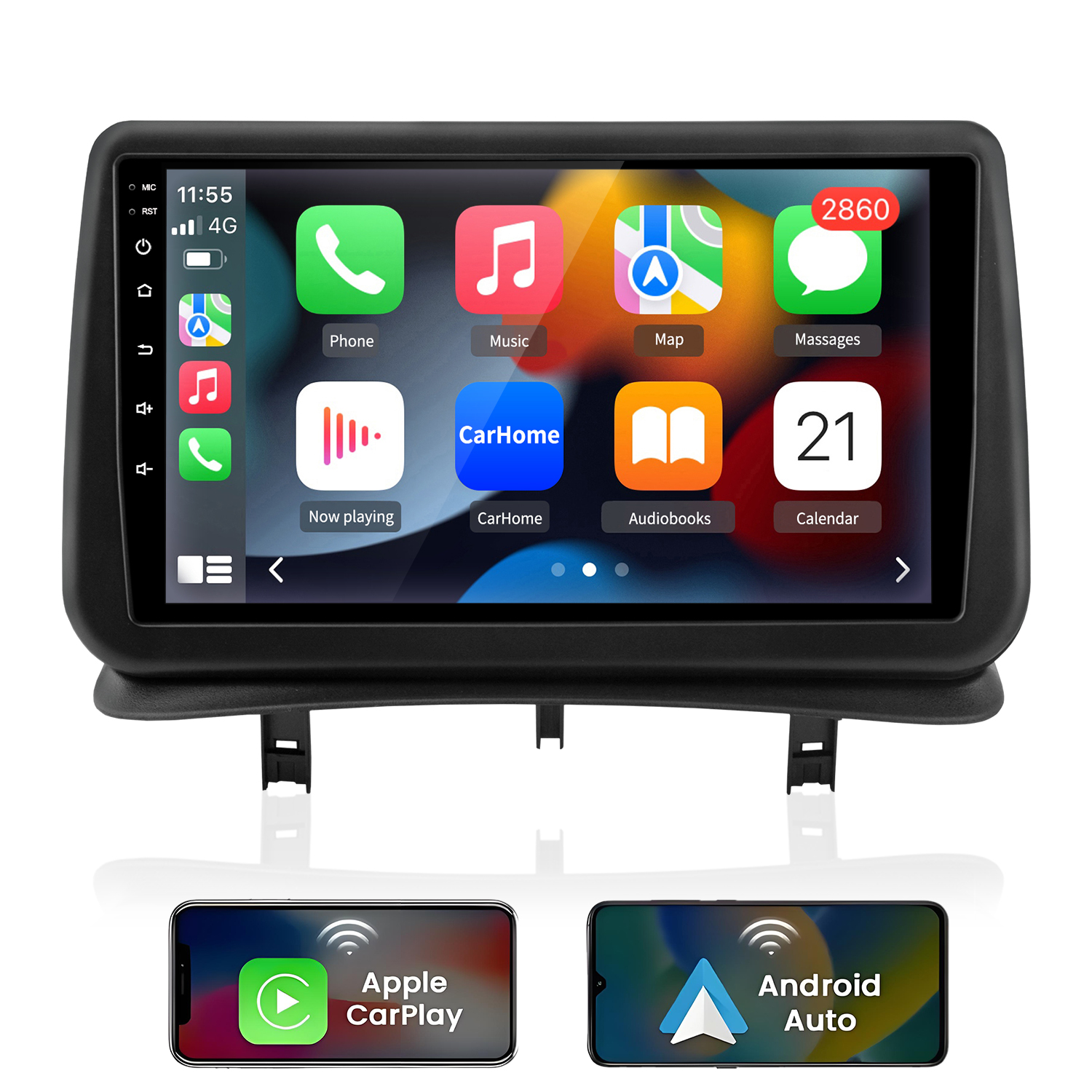 Ein Autoradio-Display mit App-Icons, unten zwei Smartphones, eines für Apple CarPlay.