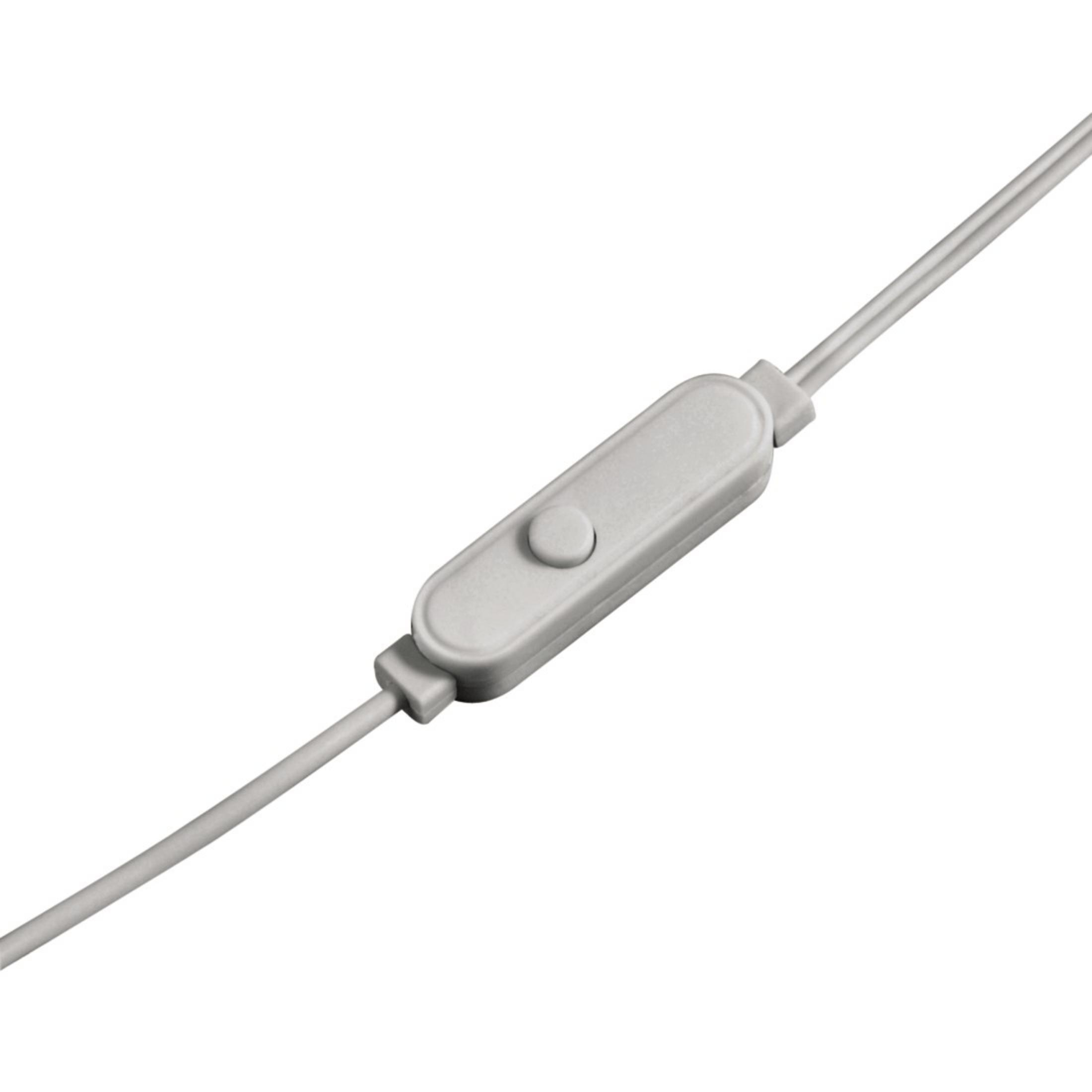Grijze inline afstandsbediening met knop op witte achtergrond.