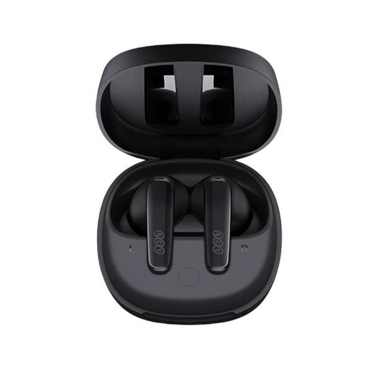 Auricolari wireless neri in un caricabatterie aperto su sfondo bianco.