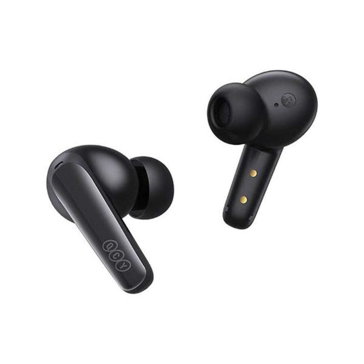 Due auricolari wireless neri su sfondo bianco.