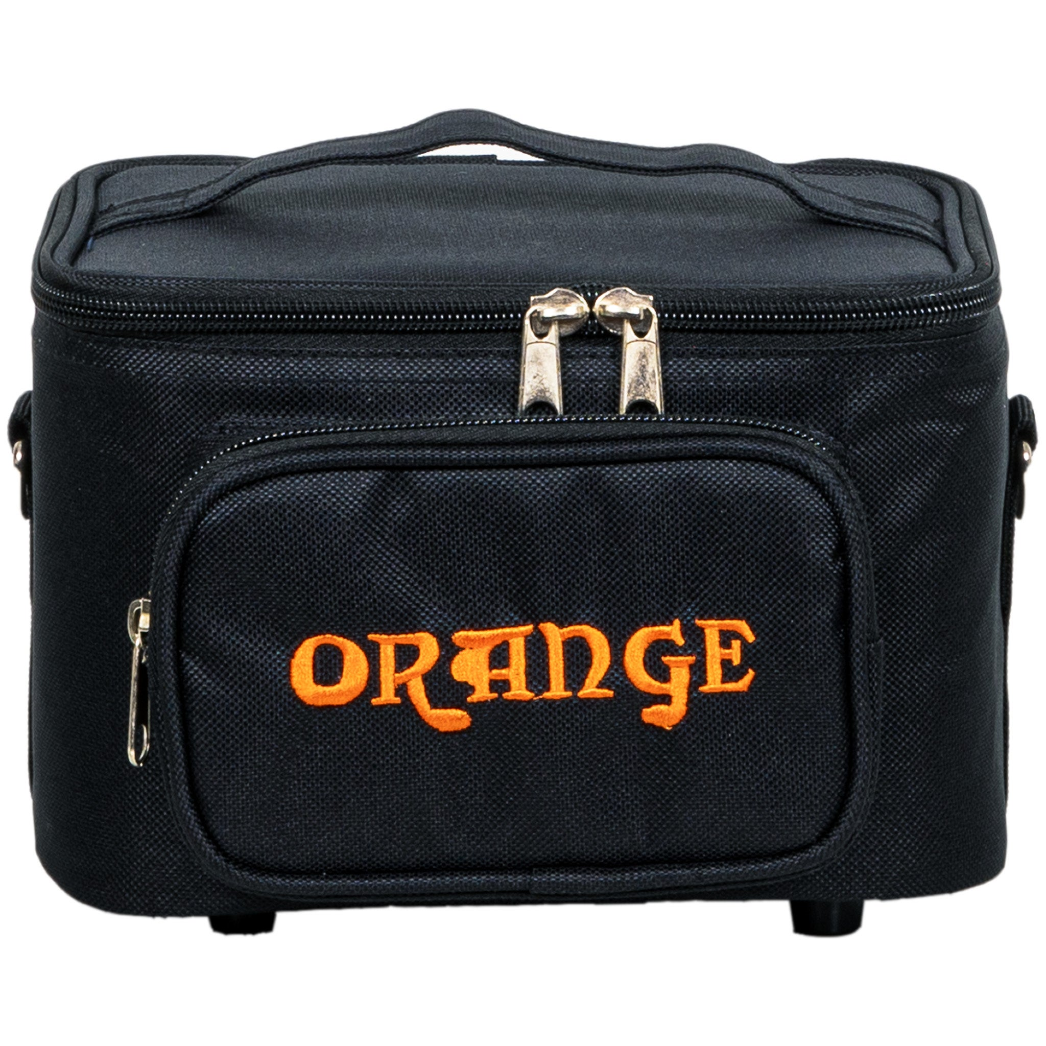 Zwarte tas met oranje 'ORANGE' tekst en twee ritsen.