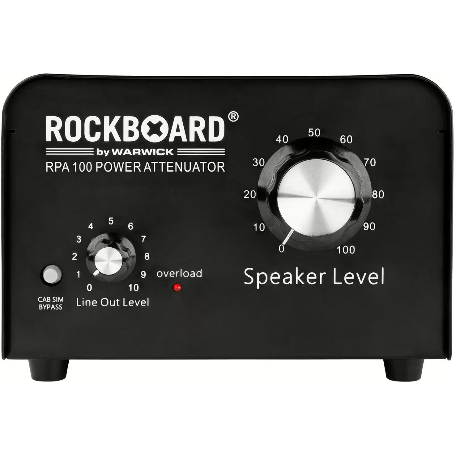 Zwarte Rockboard RPA 100 Power Attenuator met twee knoppen en labels.