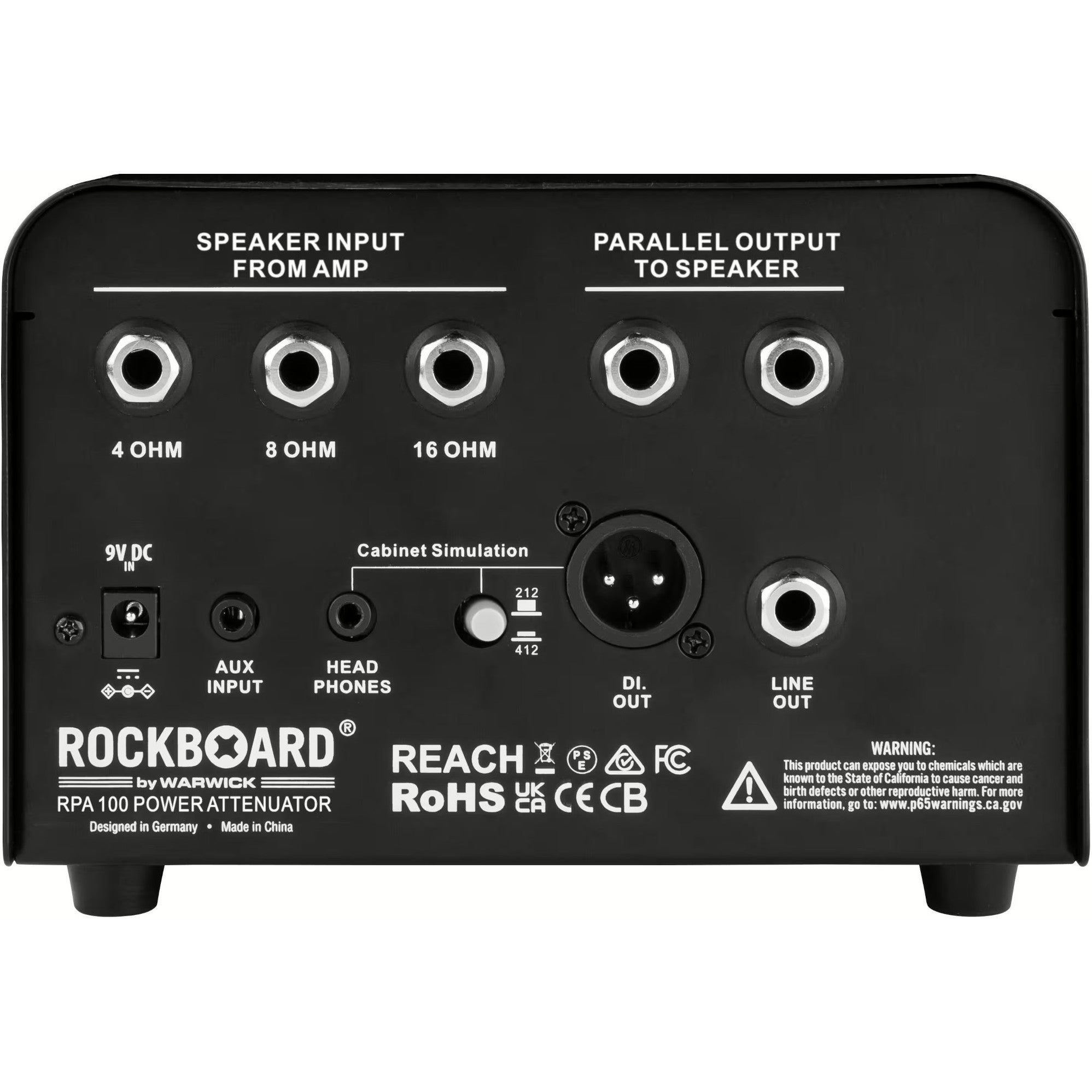 Achterkant van een zwarte Rockboard RPA 100 Power Attenuator met diverse in-/uitgangen.