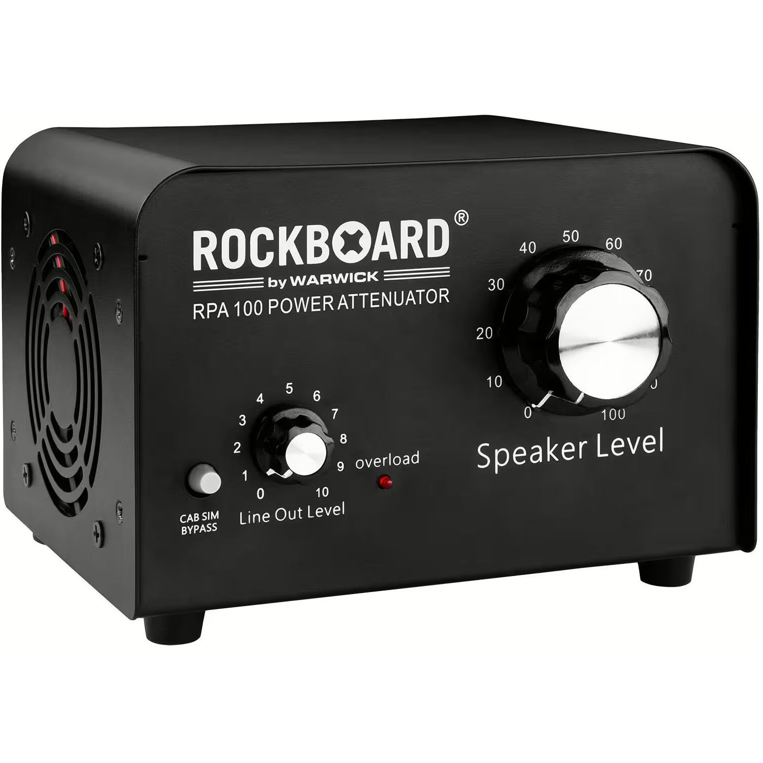 Zwarte Rockboard RPA 100 Power Attenuator met knoppen en ventilator.