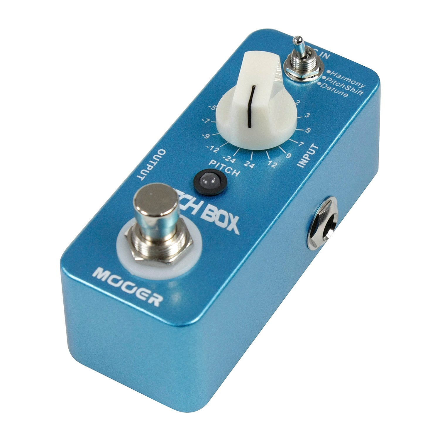 Düğmeler, anahtarlar ve jaklara sahip mavi Mooer Pitch Box gitar efekt pedalı.