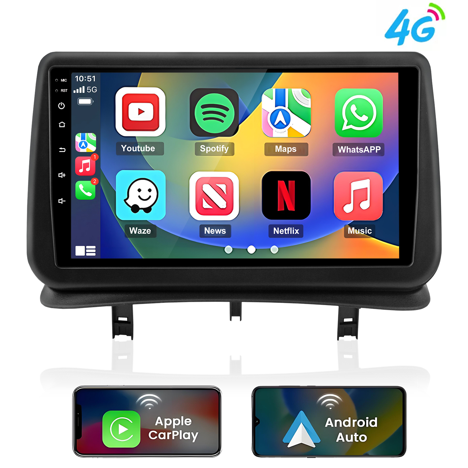 Schermo autoradio con app come YouTube, Spotify, Maps, WhatsApp, Waze, News, Netflix, Musica.