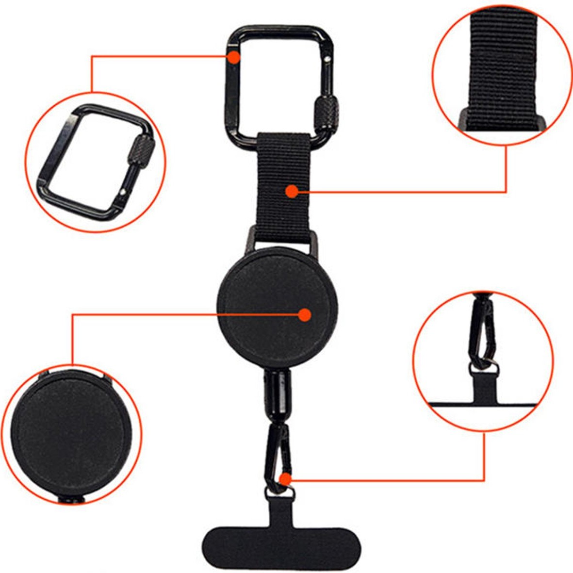 Zwarte intrekbare lanyard met karabijnhaak, riem, spoel en telefoonhouder.