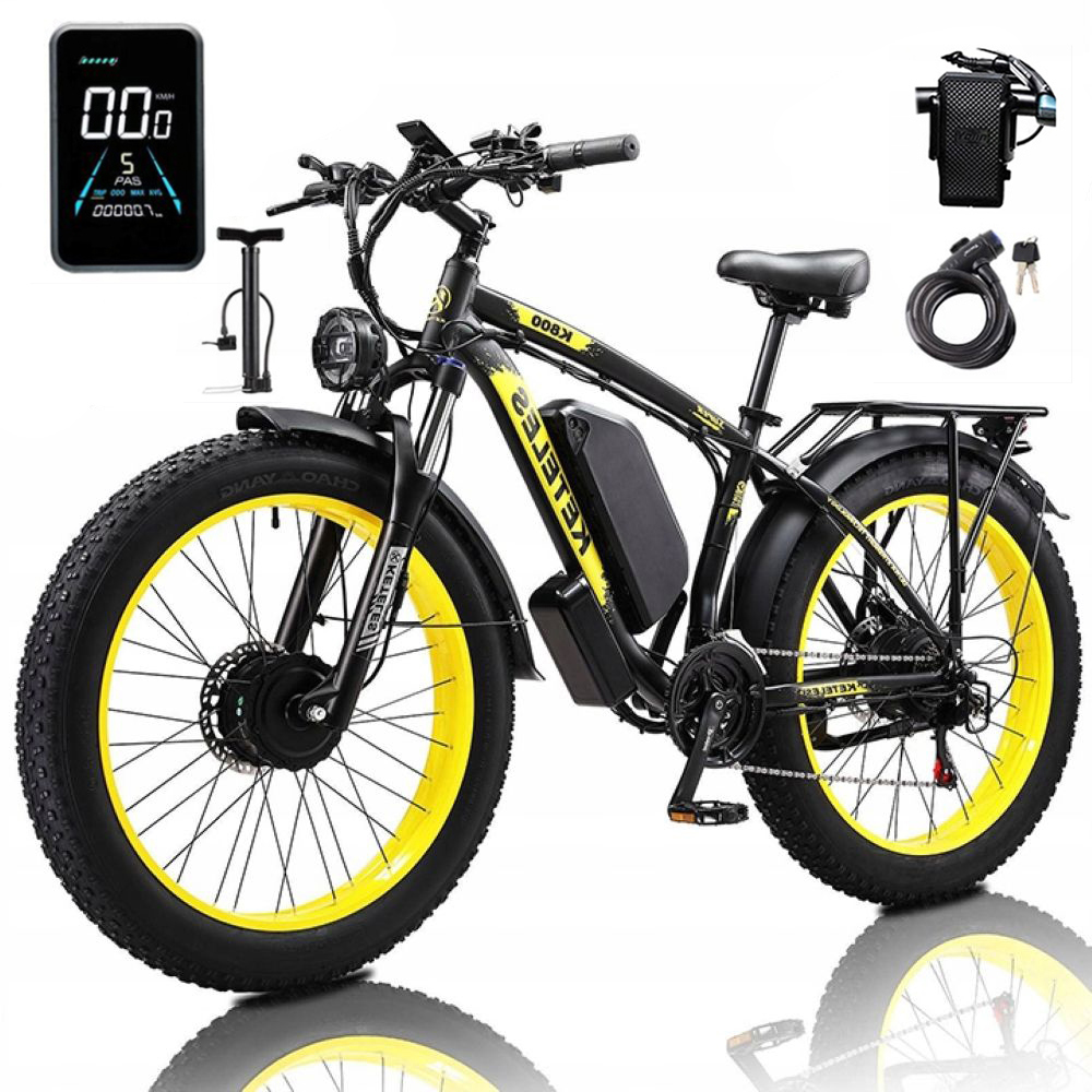 Bici elettrica nera con cerchi gialli, batteria e accessori.