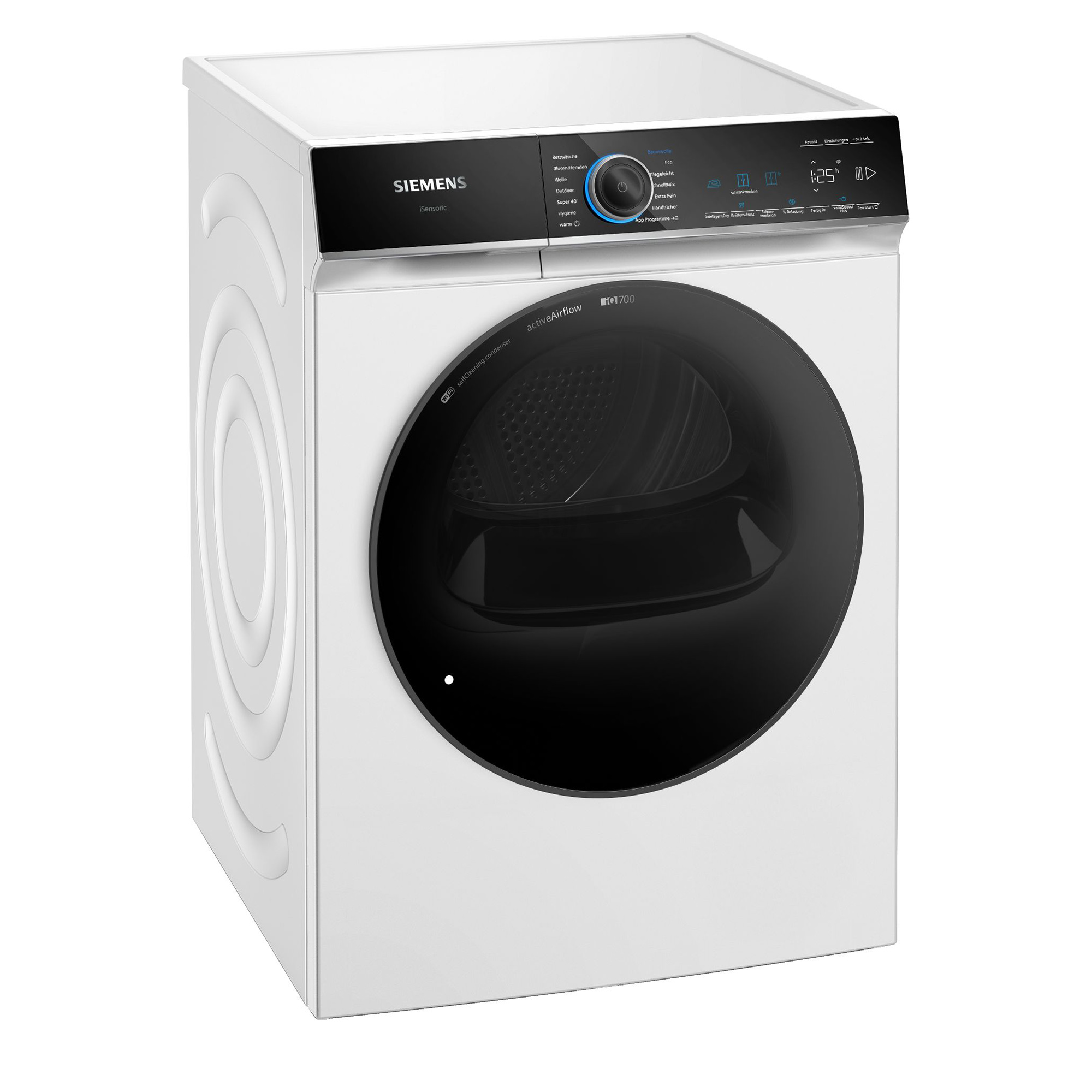 Un'asciugatrice Siemens bianca con porta e pannello di controllo neri.