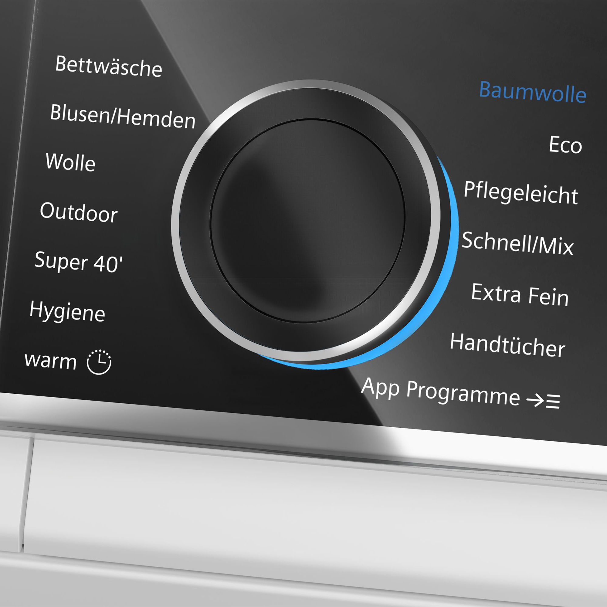 Pannello di controllo lavatrice con programmi come Cotone e Igiene.