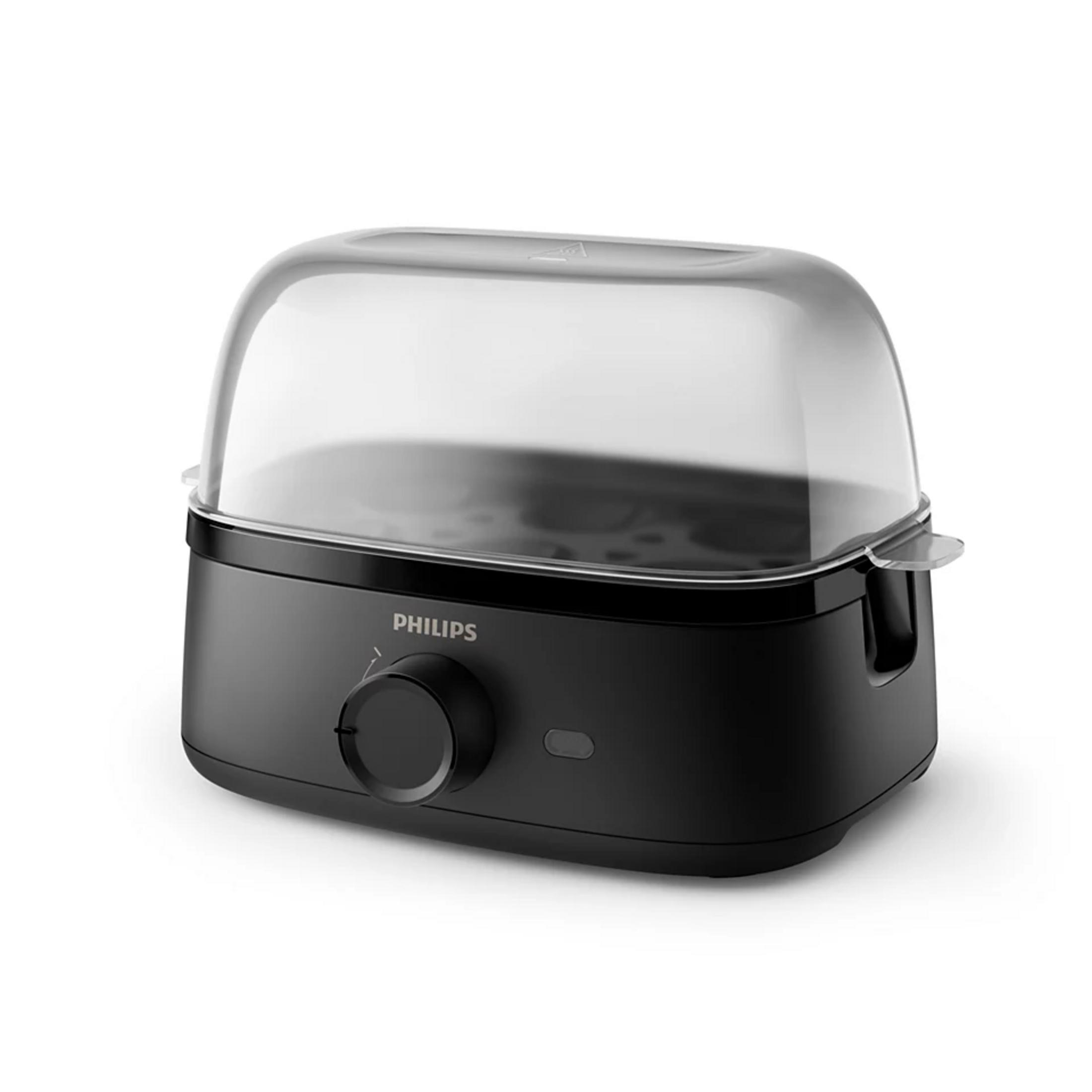 Ein schwarzer Philips Dampfgarer mit transparentem Deckel steht auf weißem Untergrund.