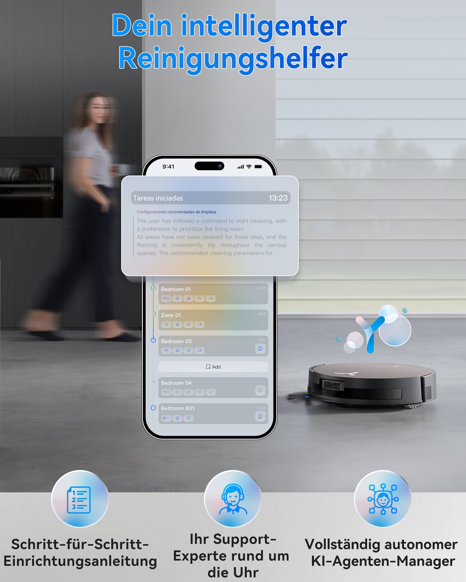Ein Saugroboter wird auf einem Smartphone mit Reinigungsplänen und drei Symbolen gezeigt.
