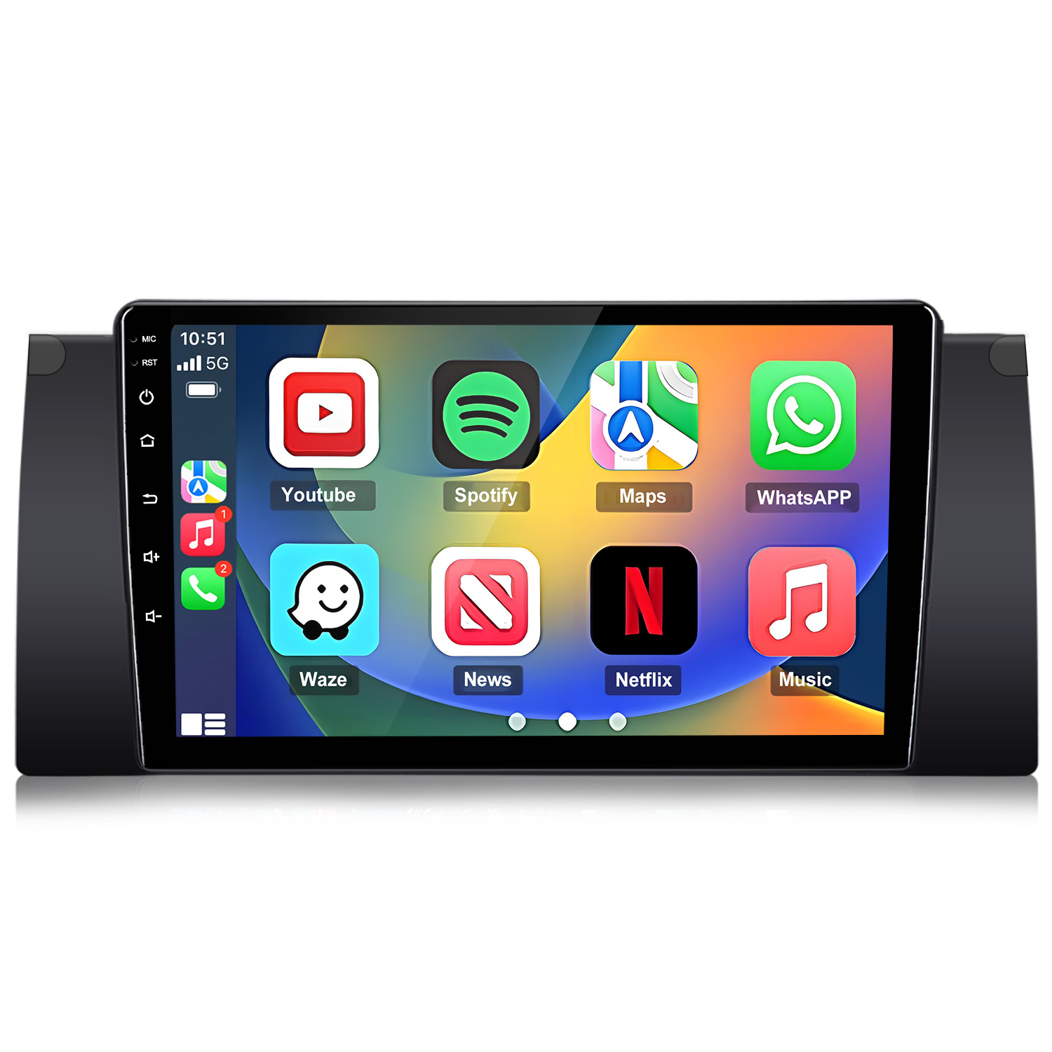 Autobildschirm zeigt Apps: Youtube, Spotify, Karten, WhatsApp, Waze, Nachrichten, Netflix, Musik.
