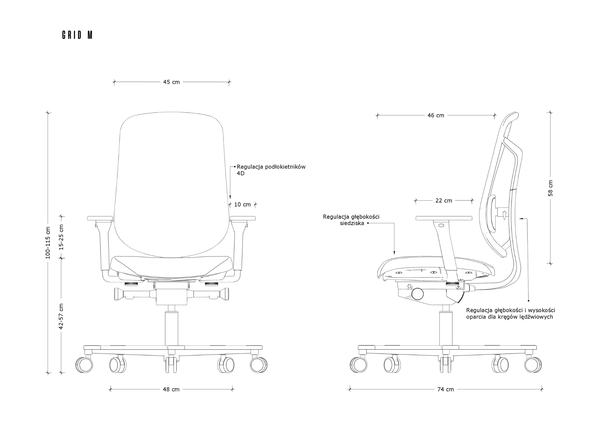 Rysunek techniczny krzesła biurowego GRID M z wymiarami i etykietami regulacji.