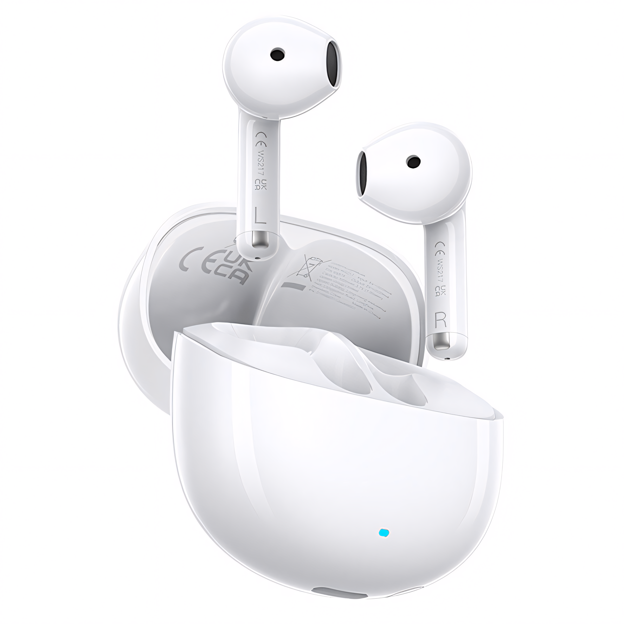 Auricolari wireless bianchi con custodia di ricarica, luce blu sulla custodia.