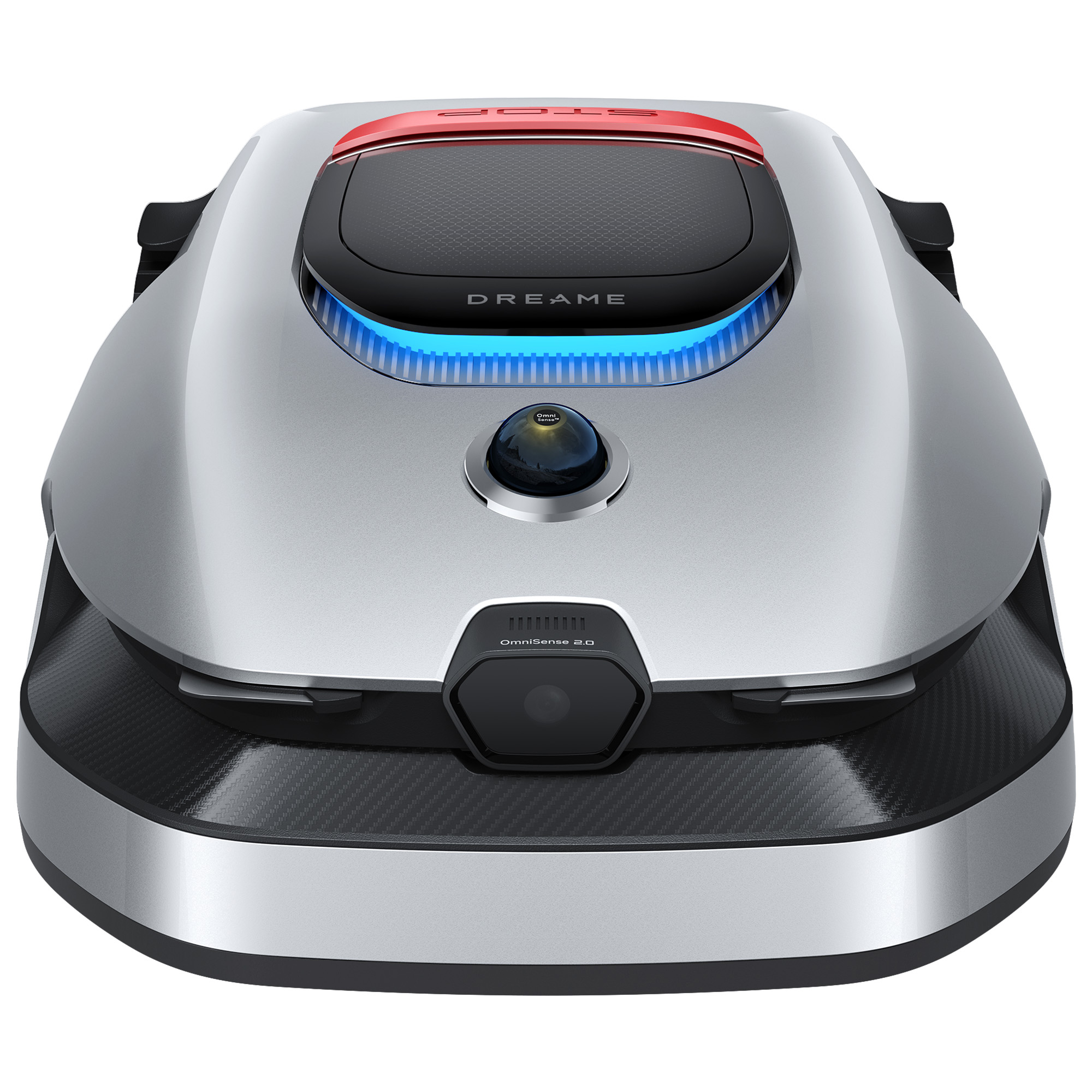 Srebrny robot sprzątający z niebieskimi światłami, czerwoną górą i kamerą.