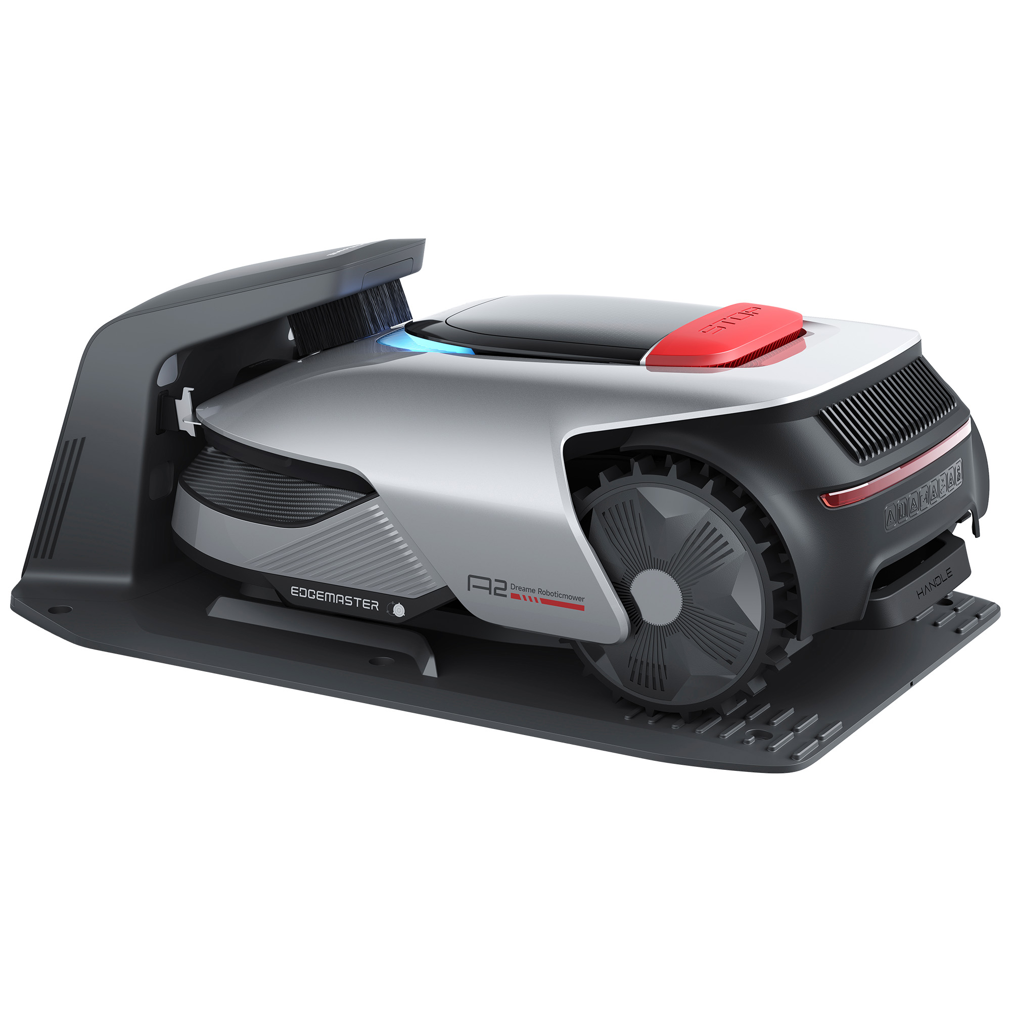 Srebrna kosiarka robotyczna z czerwonym przyciskiem stop i szczotką.