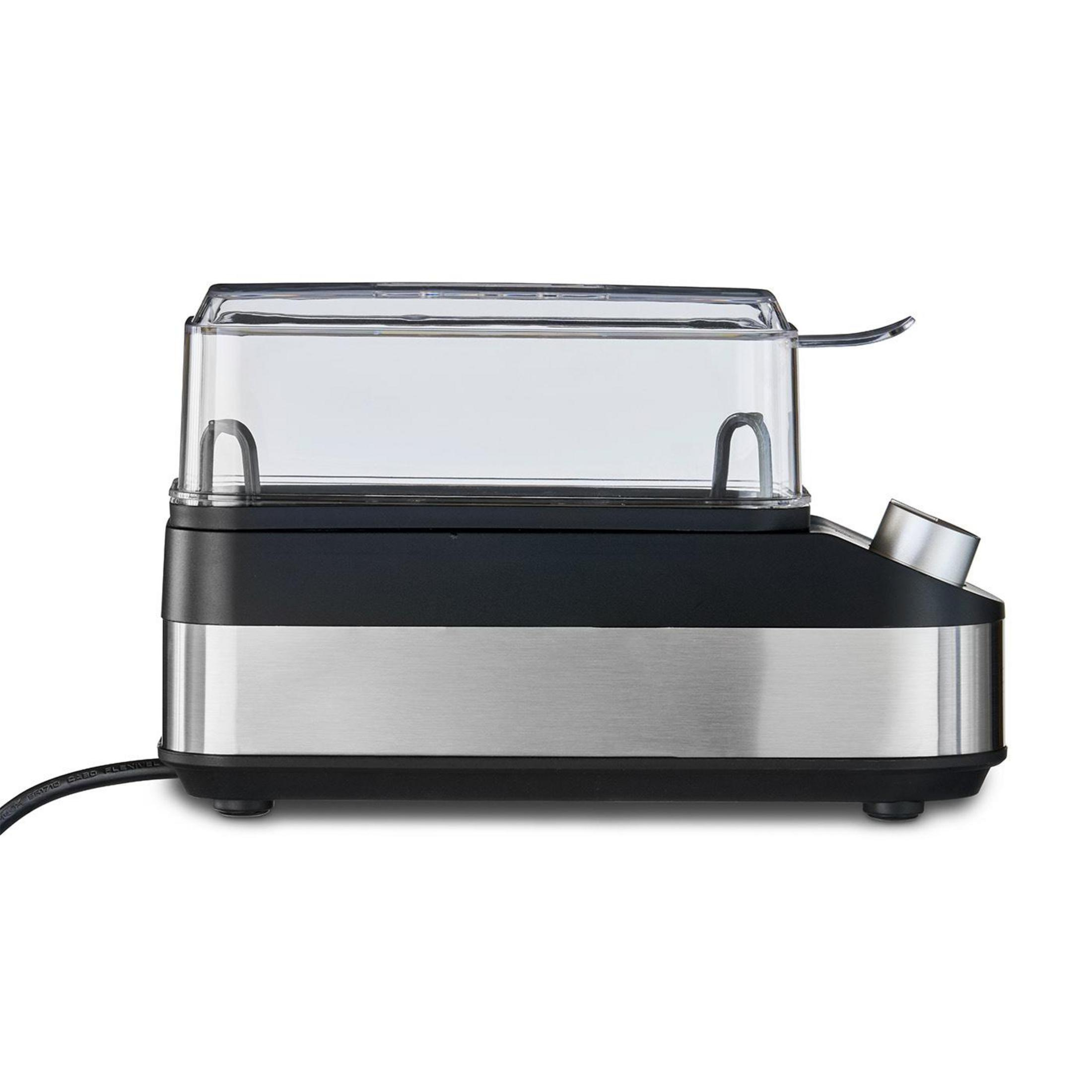 Kompaktowy parowar z czarnym i srebrnym korpusem oraz przezroczystą pokrywką.