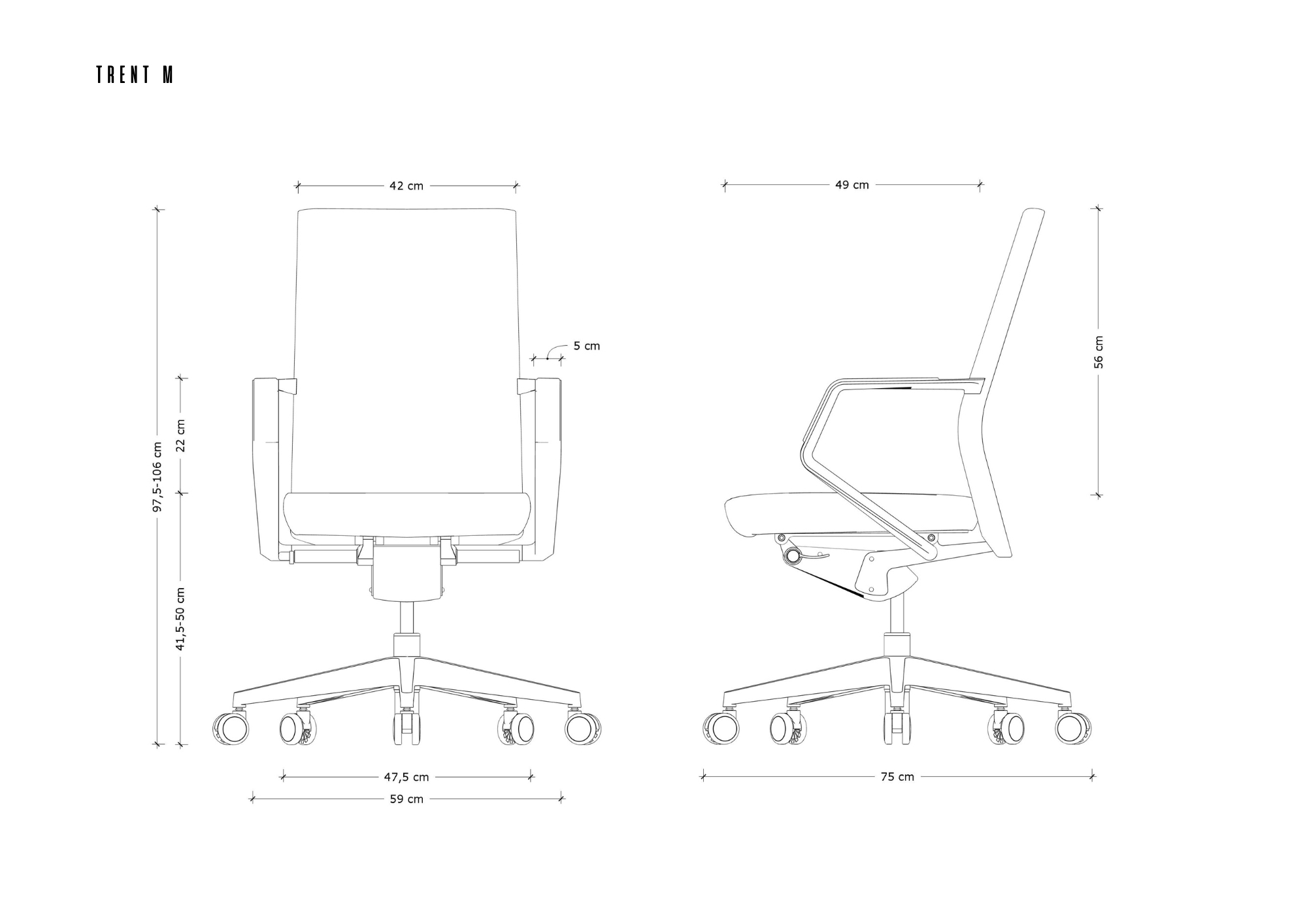 Rysunek techniczny krzesła biurowego w widoku z przodu i z boku z wymiarami.
