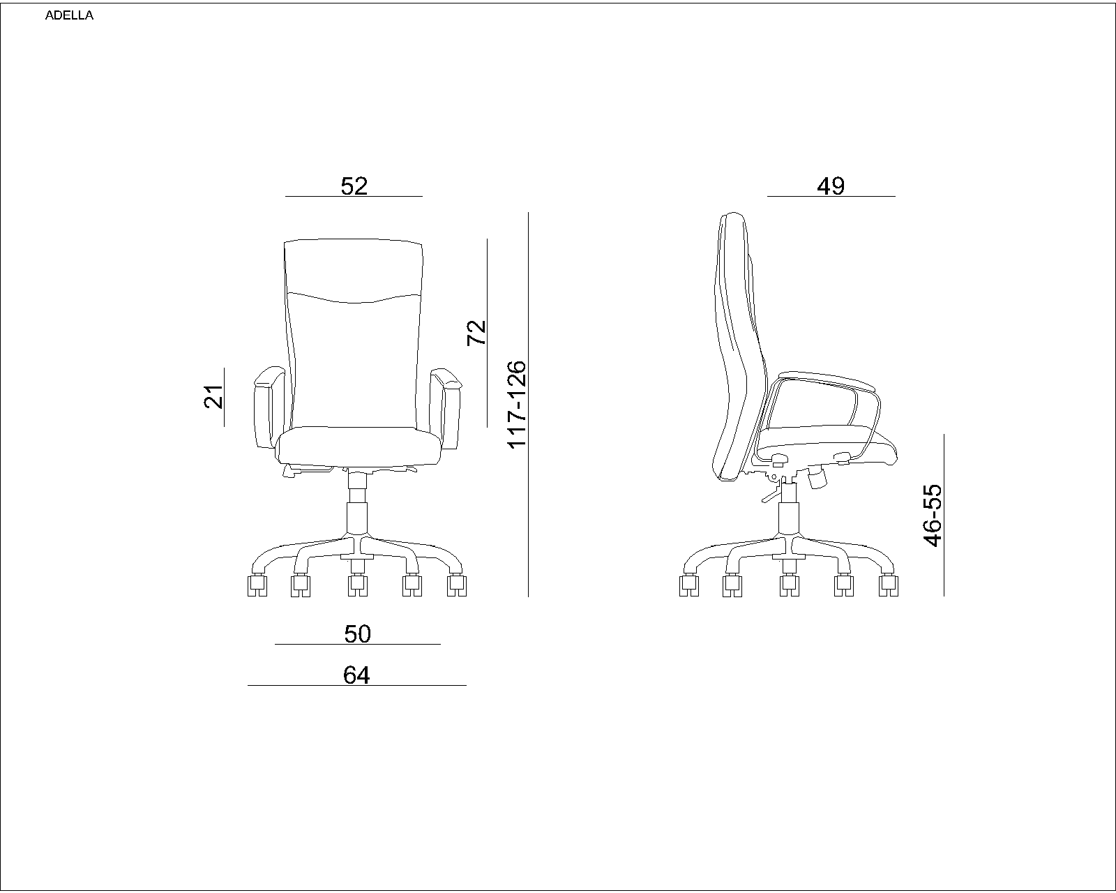 Rysunki liniowe krzesła biurowego z przodu i z boku, z wymiarami.