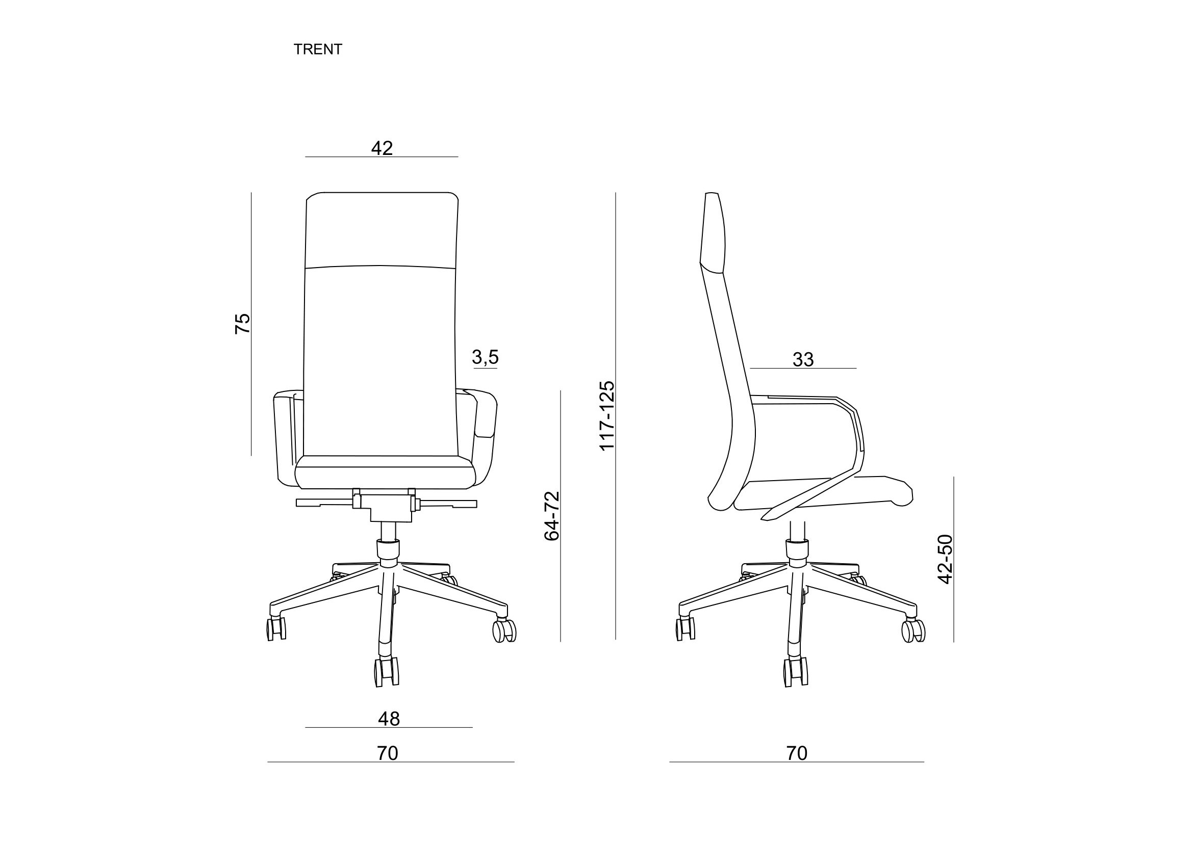 Rysunek techniczny krzesła biurowego z wymiarami.