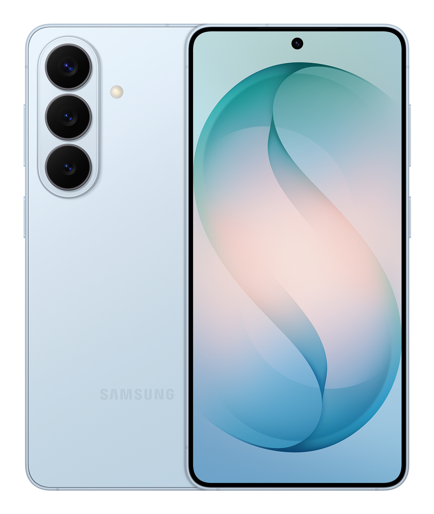 Jasnoniebieski smartfon Samsung z trzema tylnymi aparatami i ekranem.