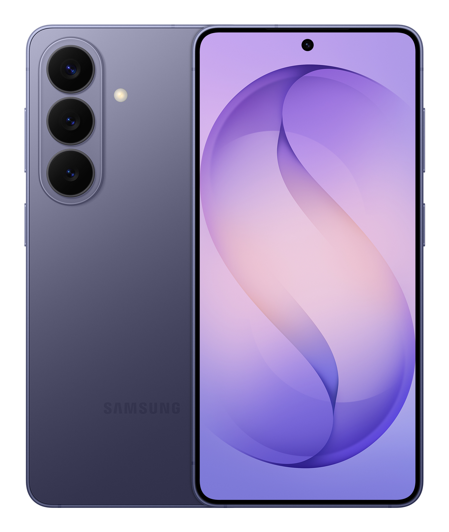 Fioletowy smartfon Samsung, tył z trzema aparatami, przód z ekranem.