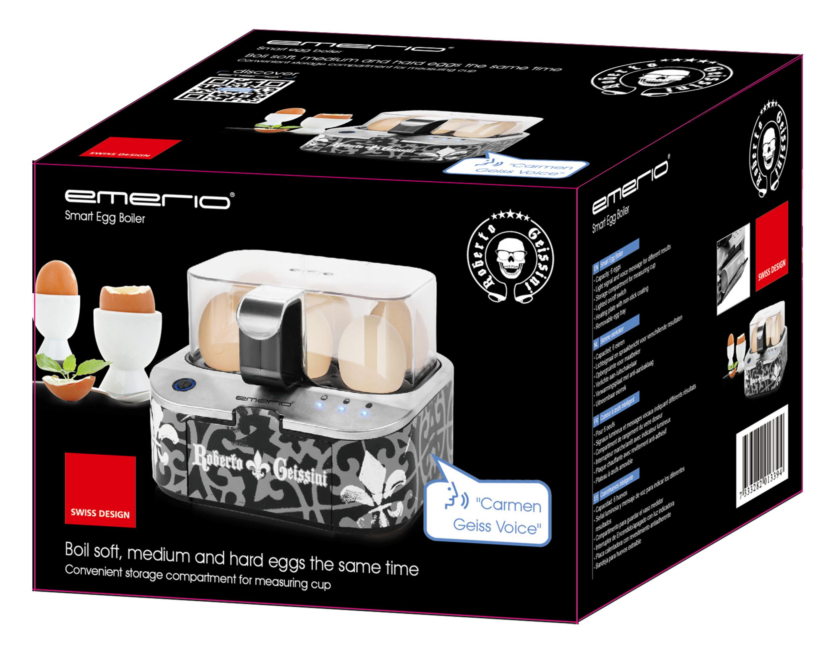 Emerio Eierkocher-Verpackung mit Bildern von Eiern und dem Gerät.