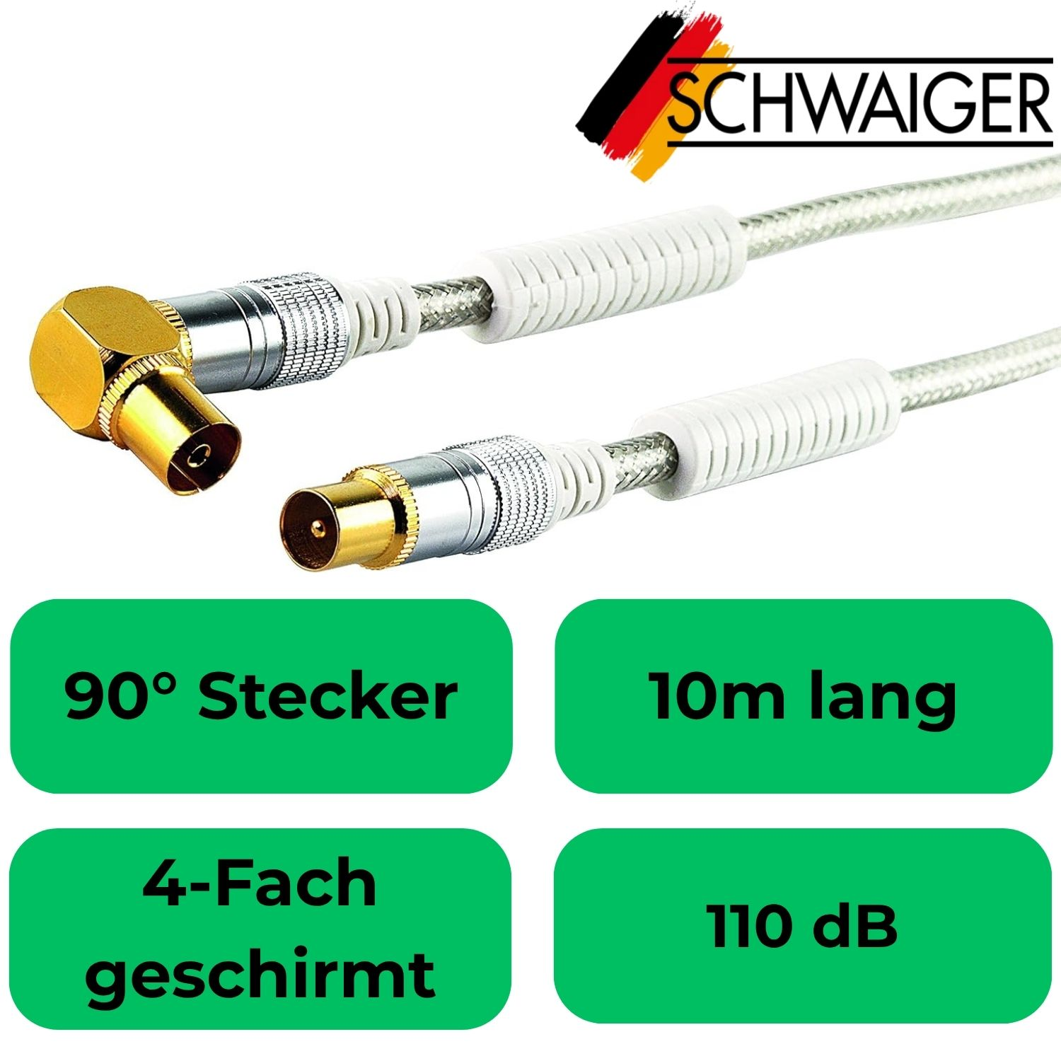 Koaxialkabel mit 90° Stecker, 10m lang, 4-fach geschirmt, 110 dB.