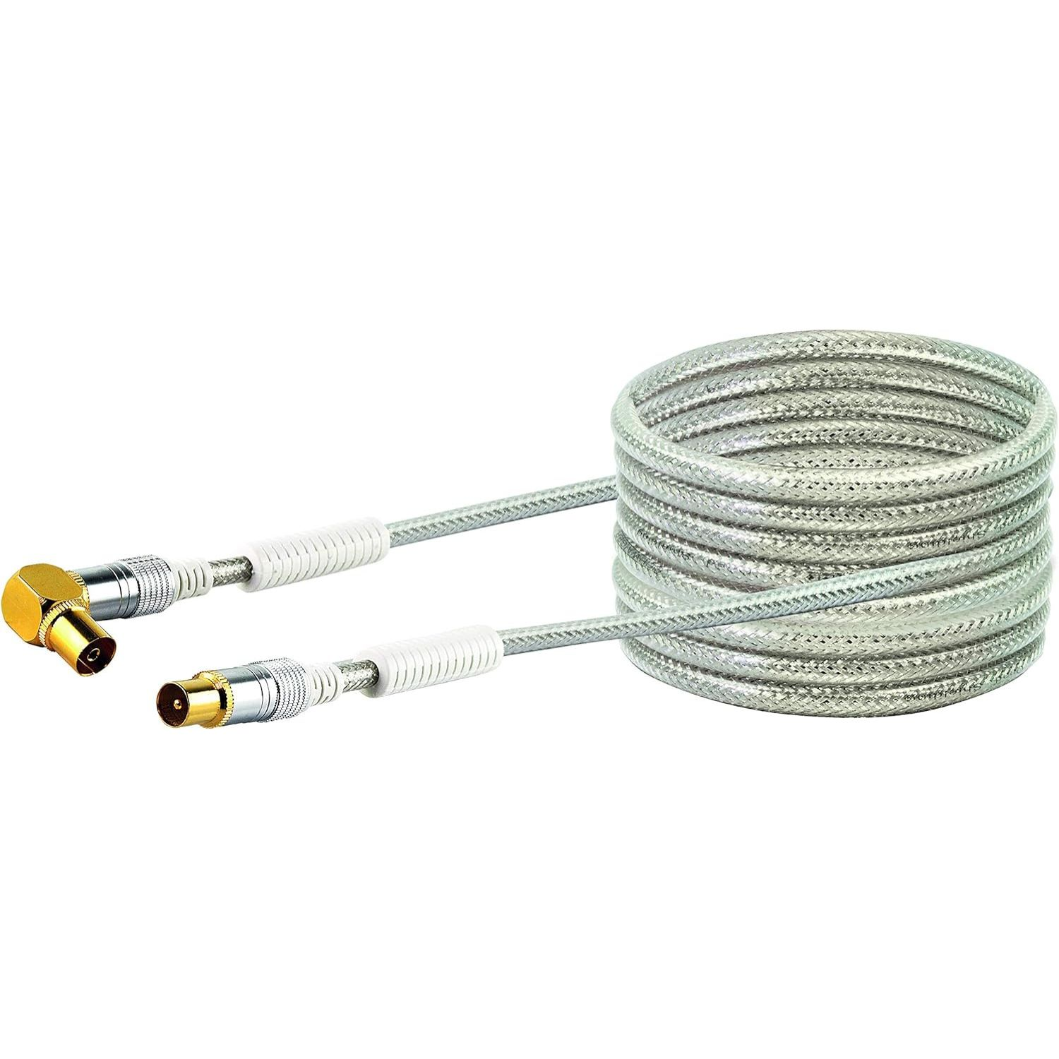 Ein silbernes Koaxialkabel mit einem abgewinkelten und einem geraden Stecker.