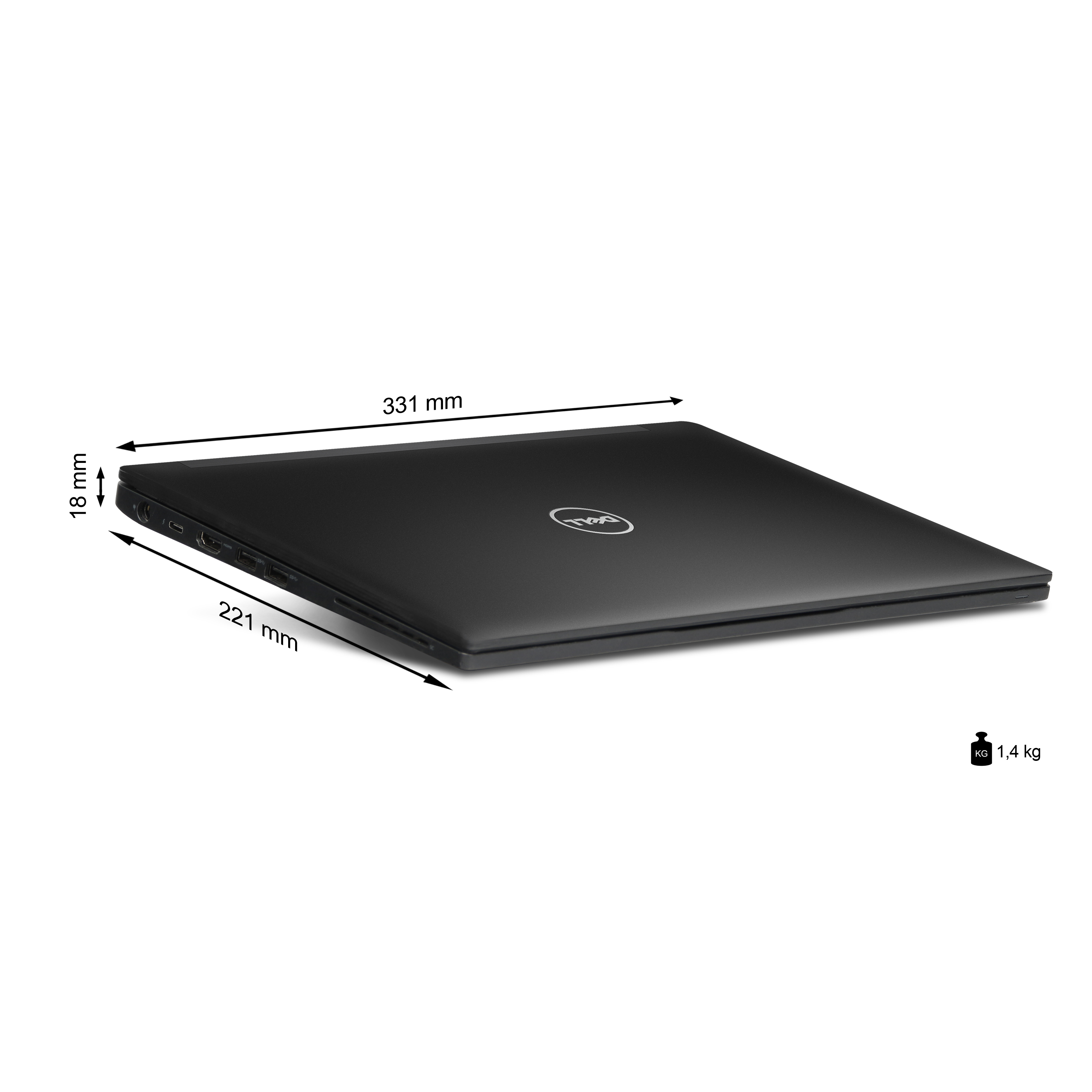 Schwarzer Dell Laptop, 331x221x18mm, 1,4kg.