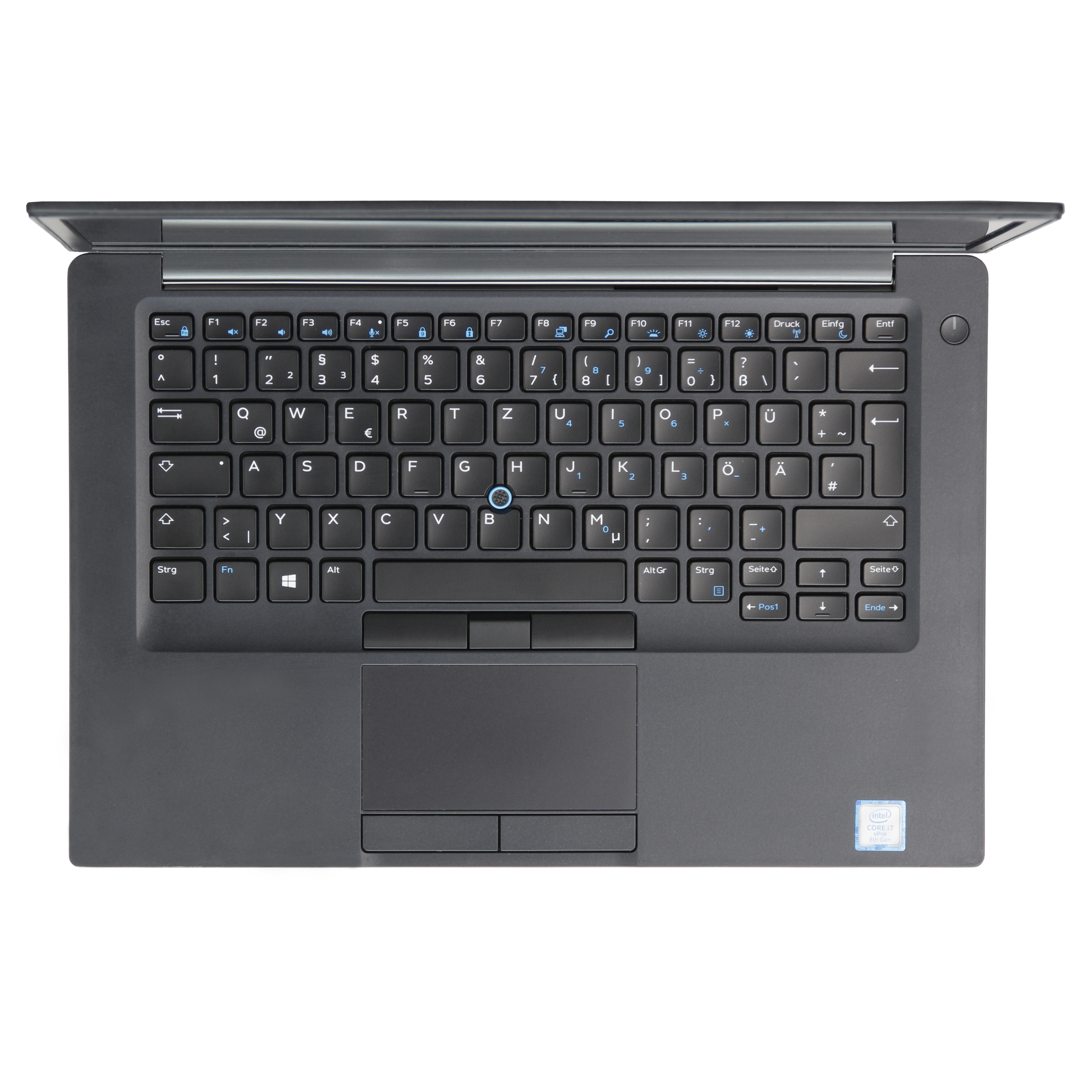 Draufsicht auf ein dunkles Laptop mit Tastatur, Touchpad und Intel Core i7 VPro Aufkleber.