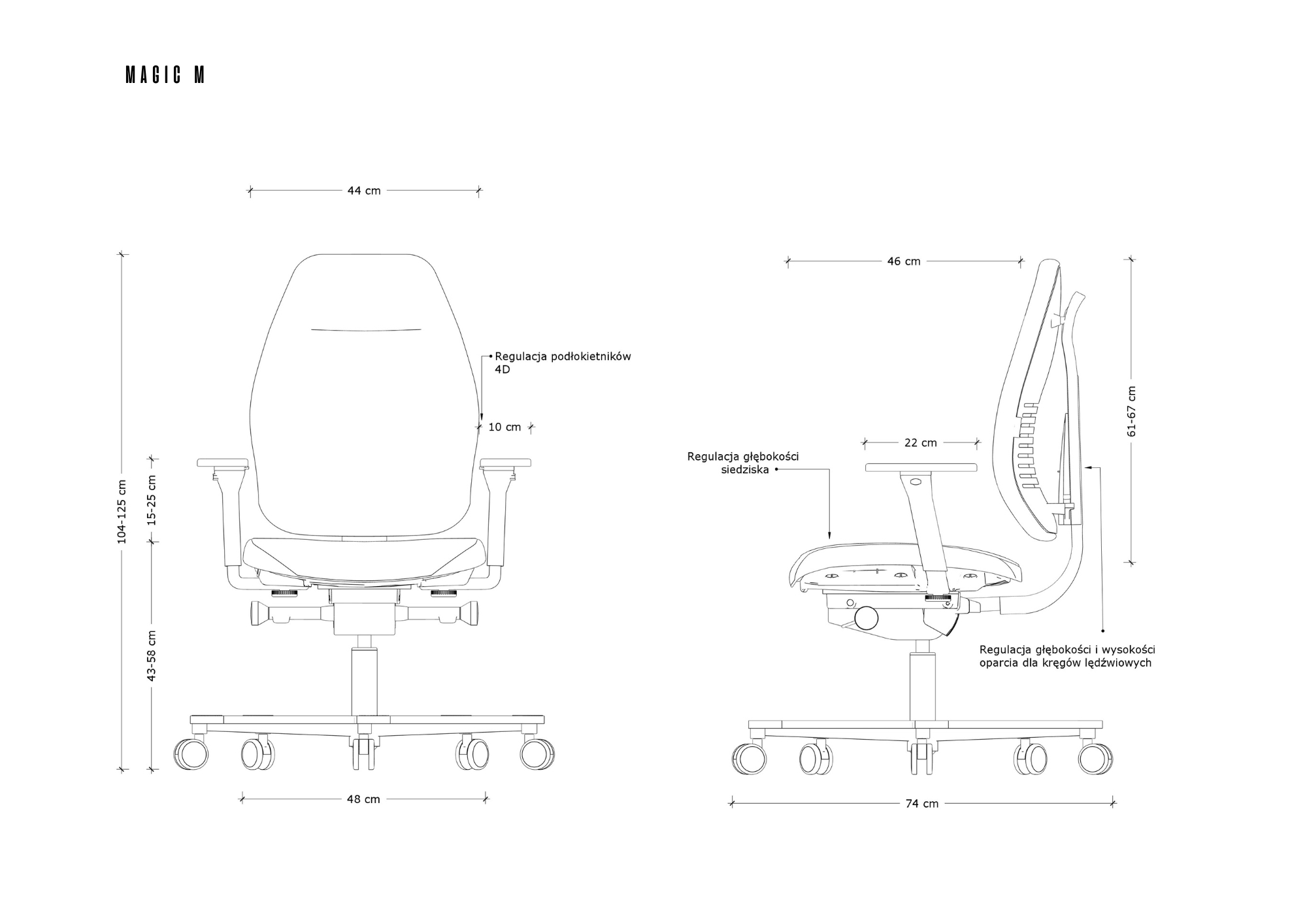Rysunek techniczny krzesła biurowego z wymiarami i opcjami regulacji.