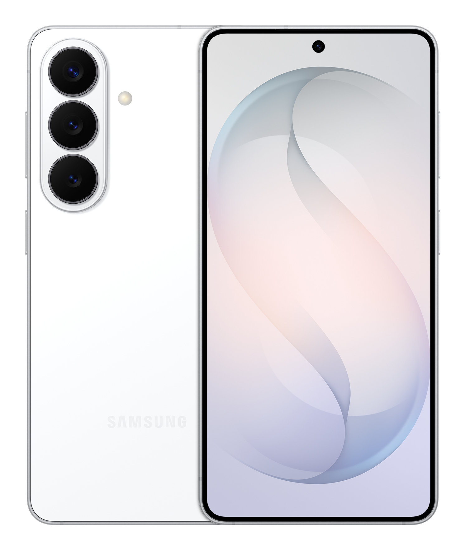 Biały smartfon z trzema tylnymi obiektywami aparatu i jasnym wyświetlaczem.