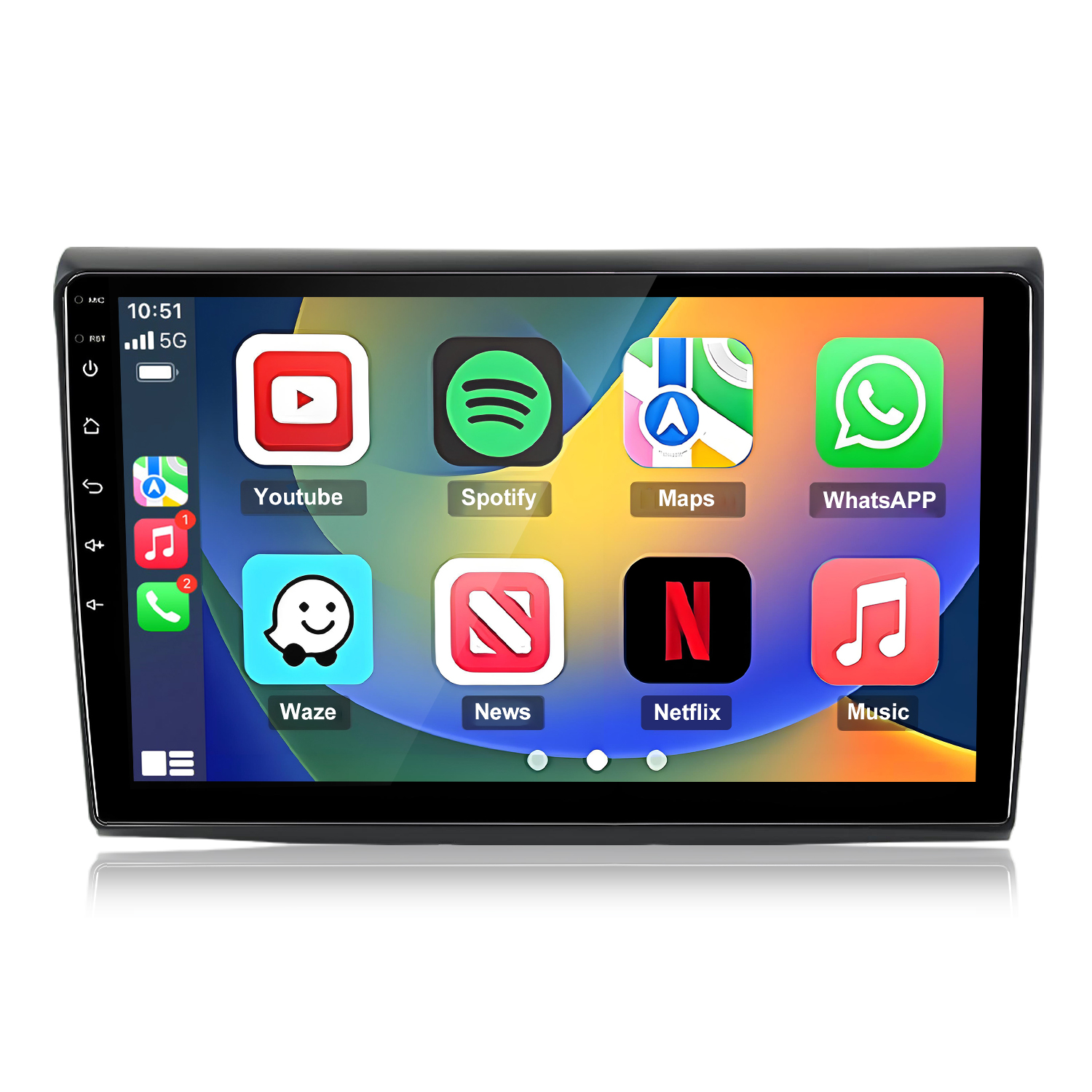 Ein Auto-Infotainment-Bildschirm mit App-Symbolen: YouTube, Spotify, Maps, WhatsApp, Waze, News, Netflix, Music.