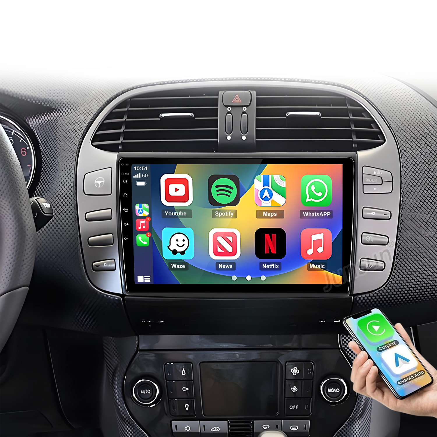 Ein Smartphone wird mit einem Auto-Infotainmentsystem verbunden, das Apps anzeigt.