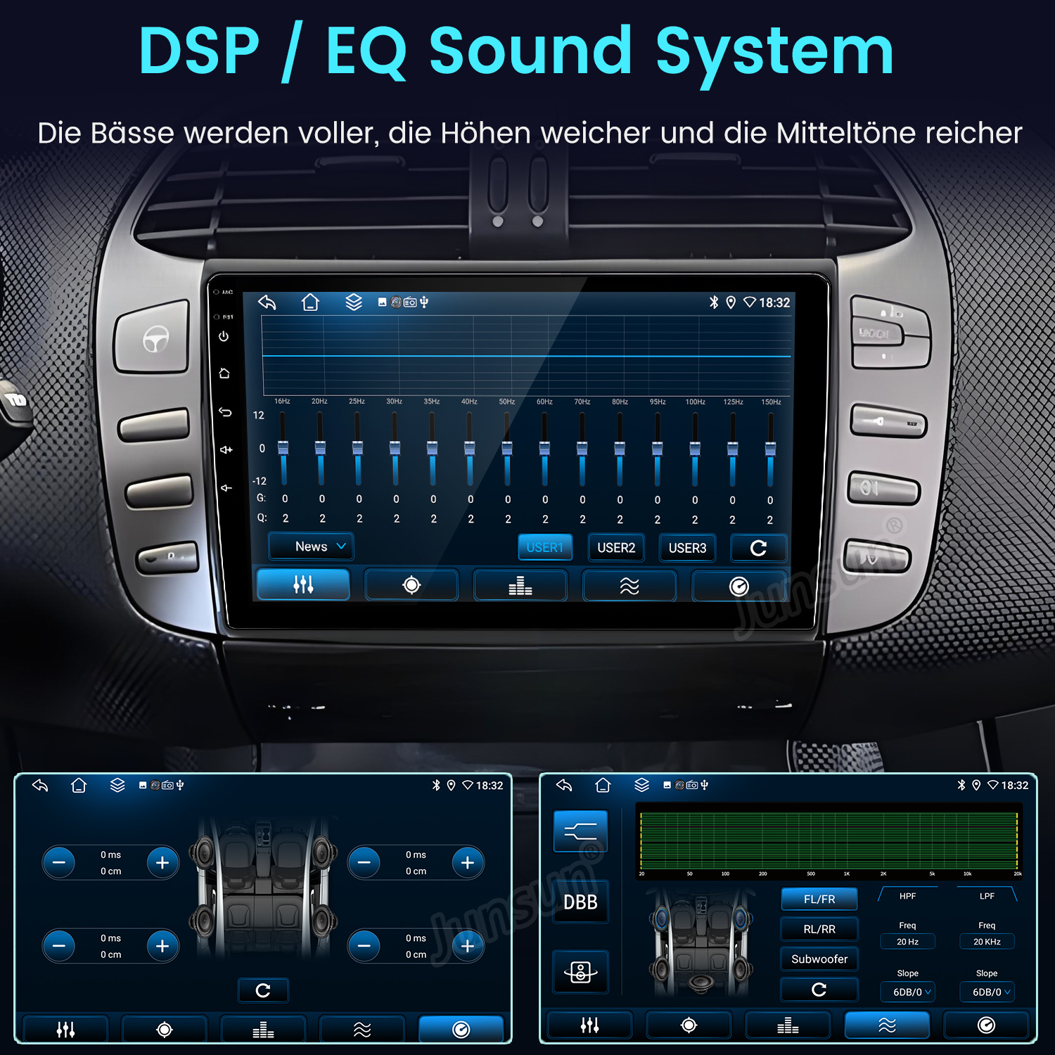 Ein Auto-Infotainmentsystem mit EQ-Einstellungen, Lautsprecherkonfigurationen und Frequenzweichen.